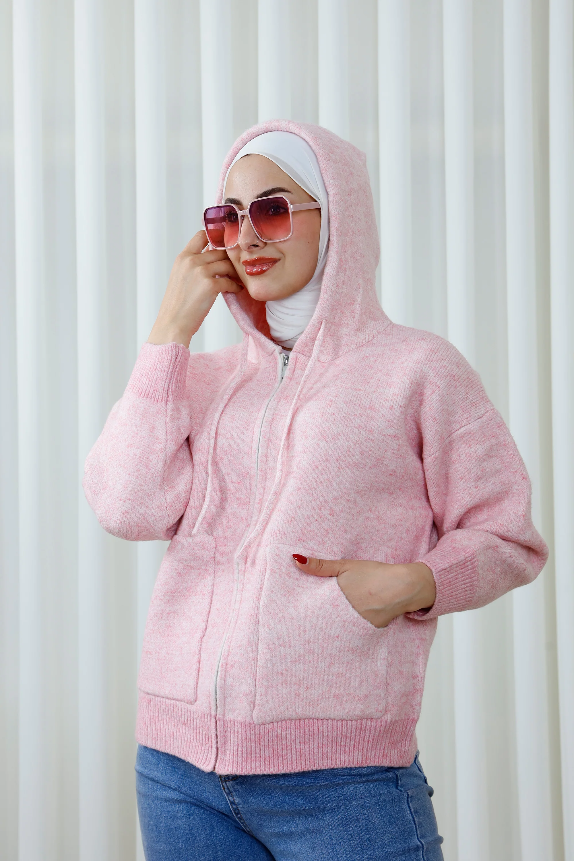 Speckled Zip-Up Hoodie with Drawstring and Pockets