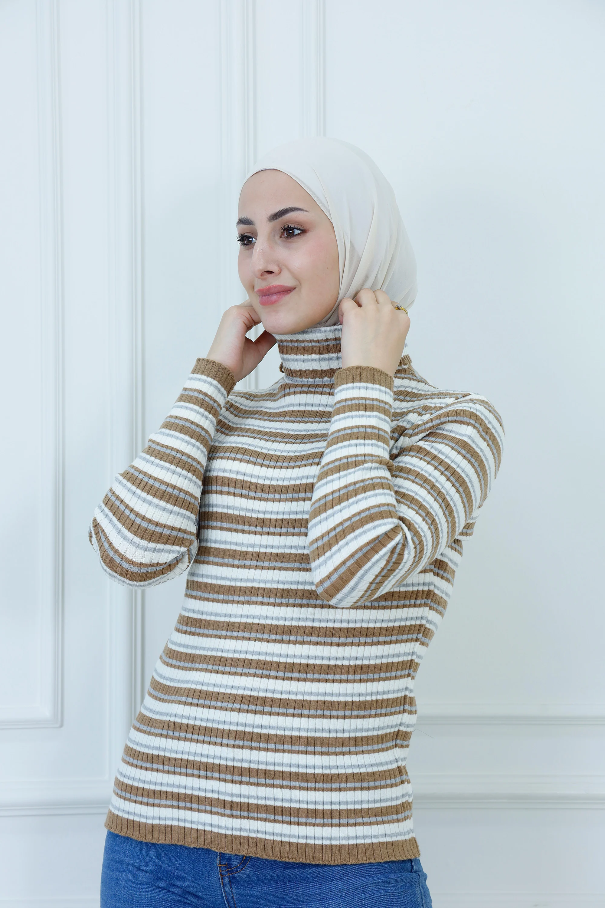 Fitted Multi-Stripe Ribbed Knit Turtleneck