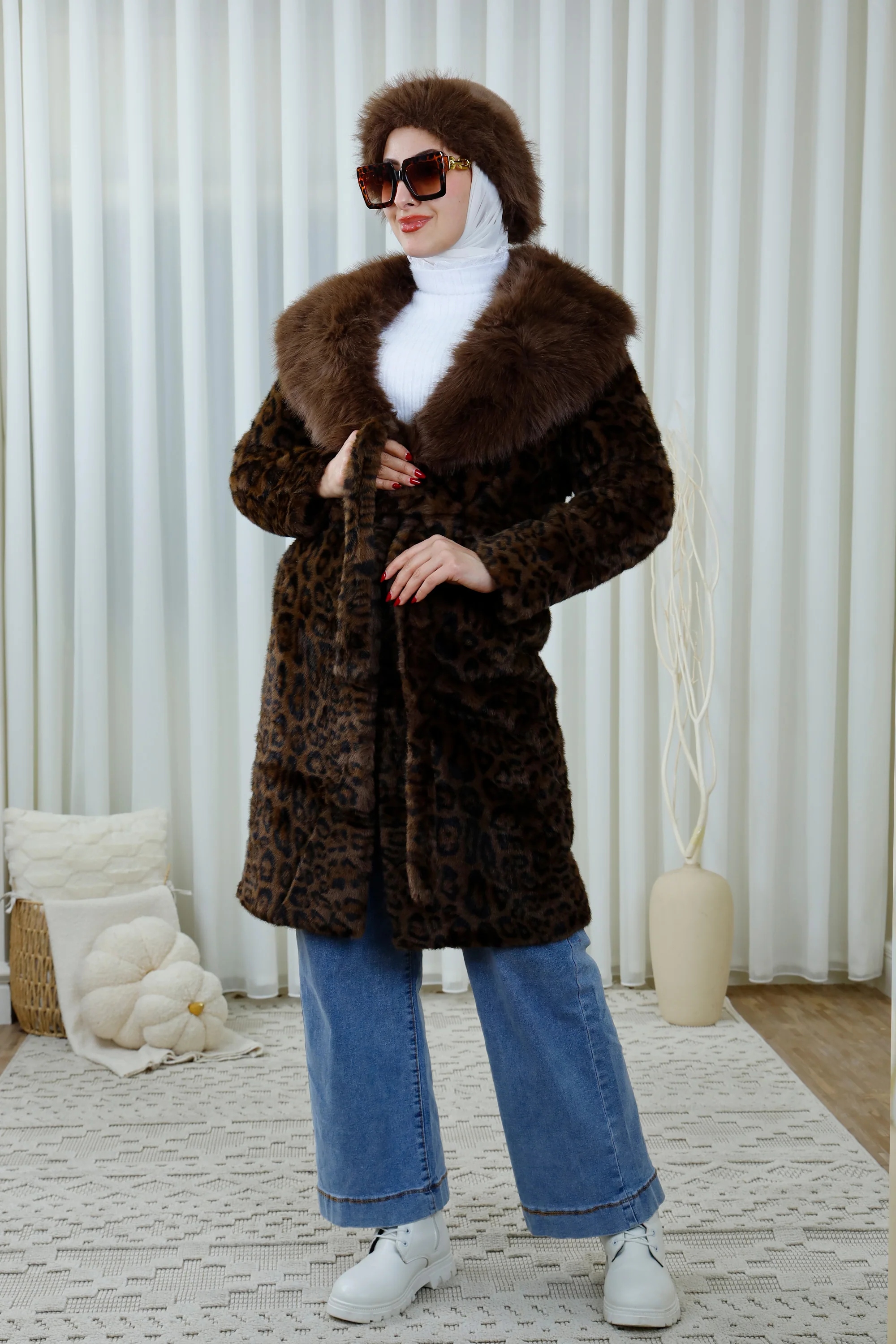 Leopard Print Faux Fur Coat with Belt
