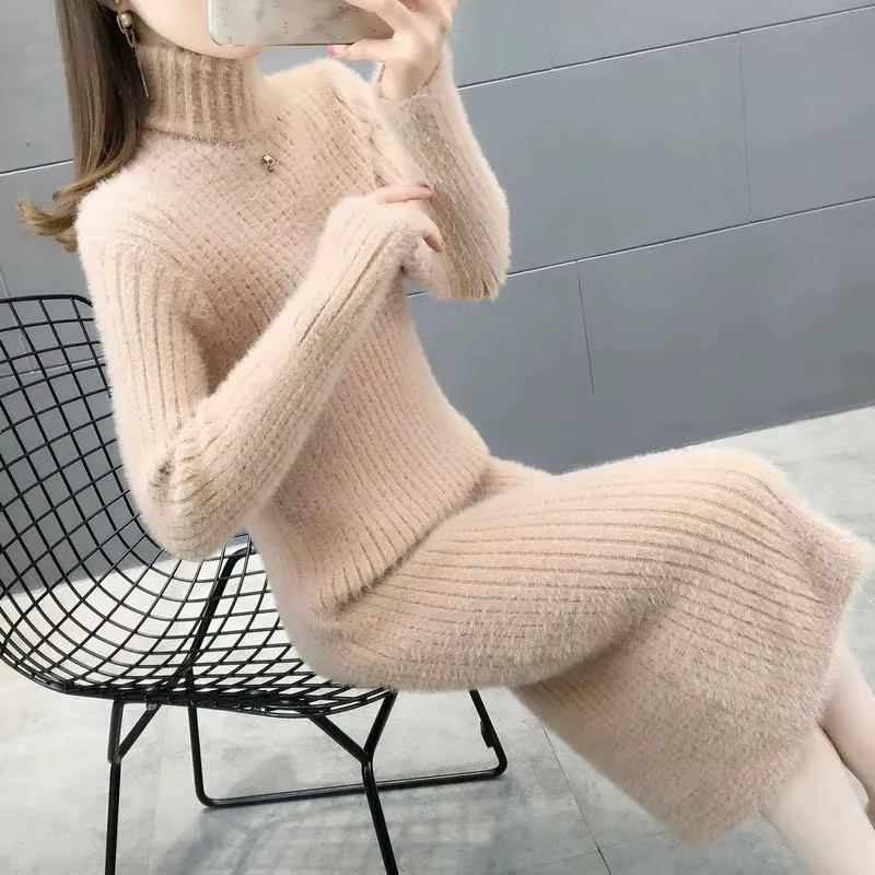 Ribbed Knit High-Neck Midi Dress