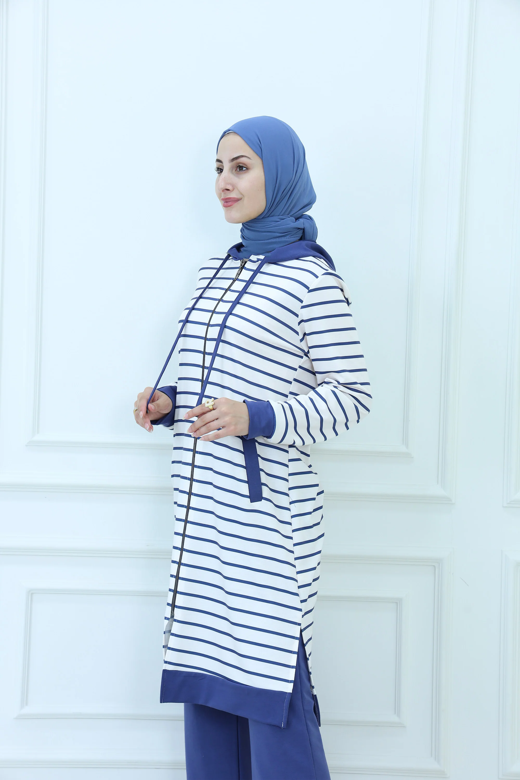 Women's Modest Striped Long Hoodie Set