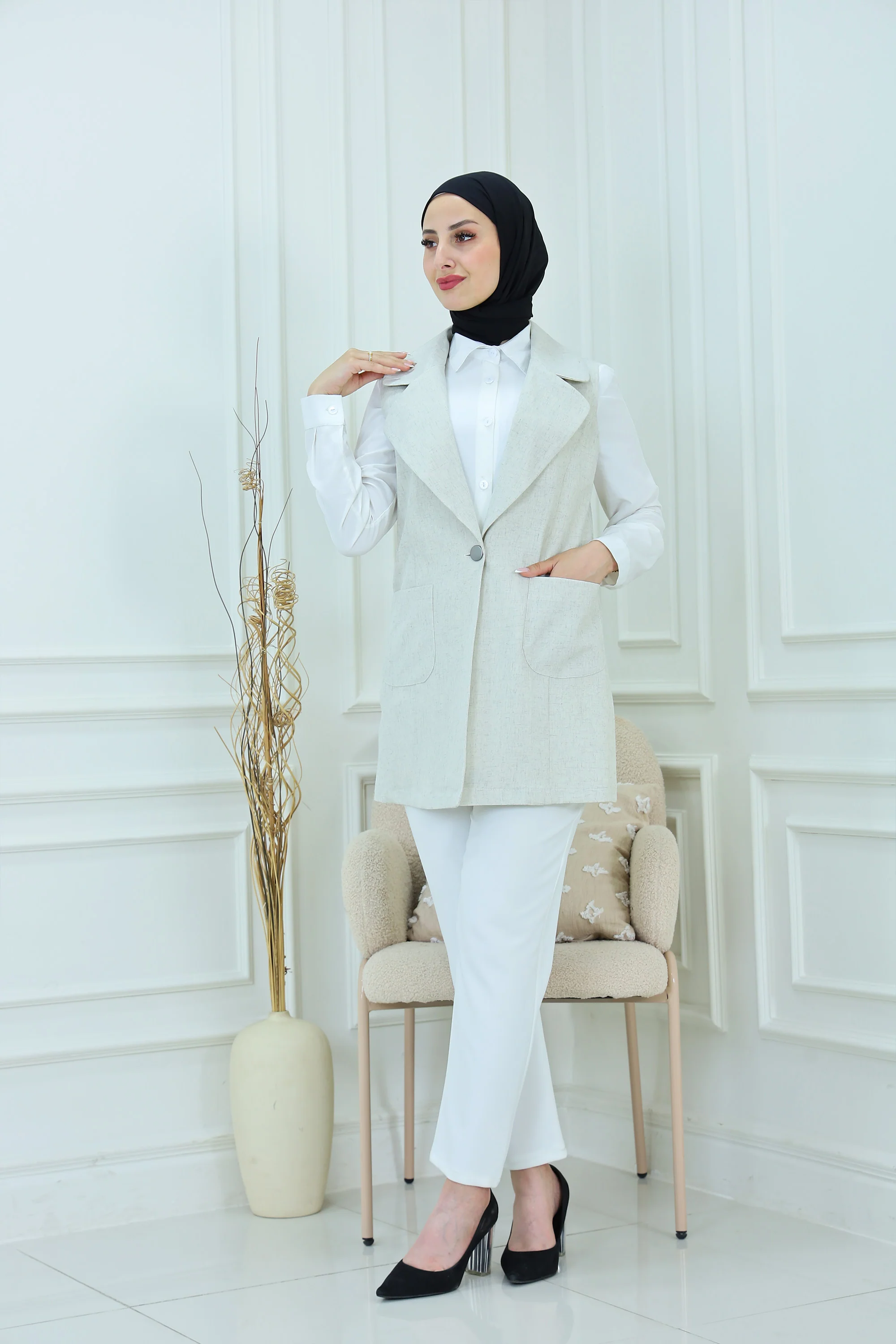 Linen Blend Sleeveless Blazer Vest