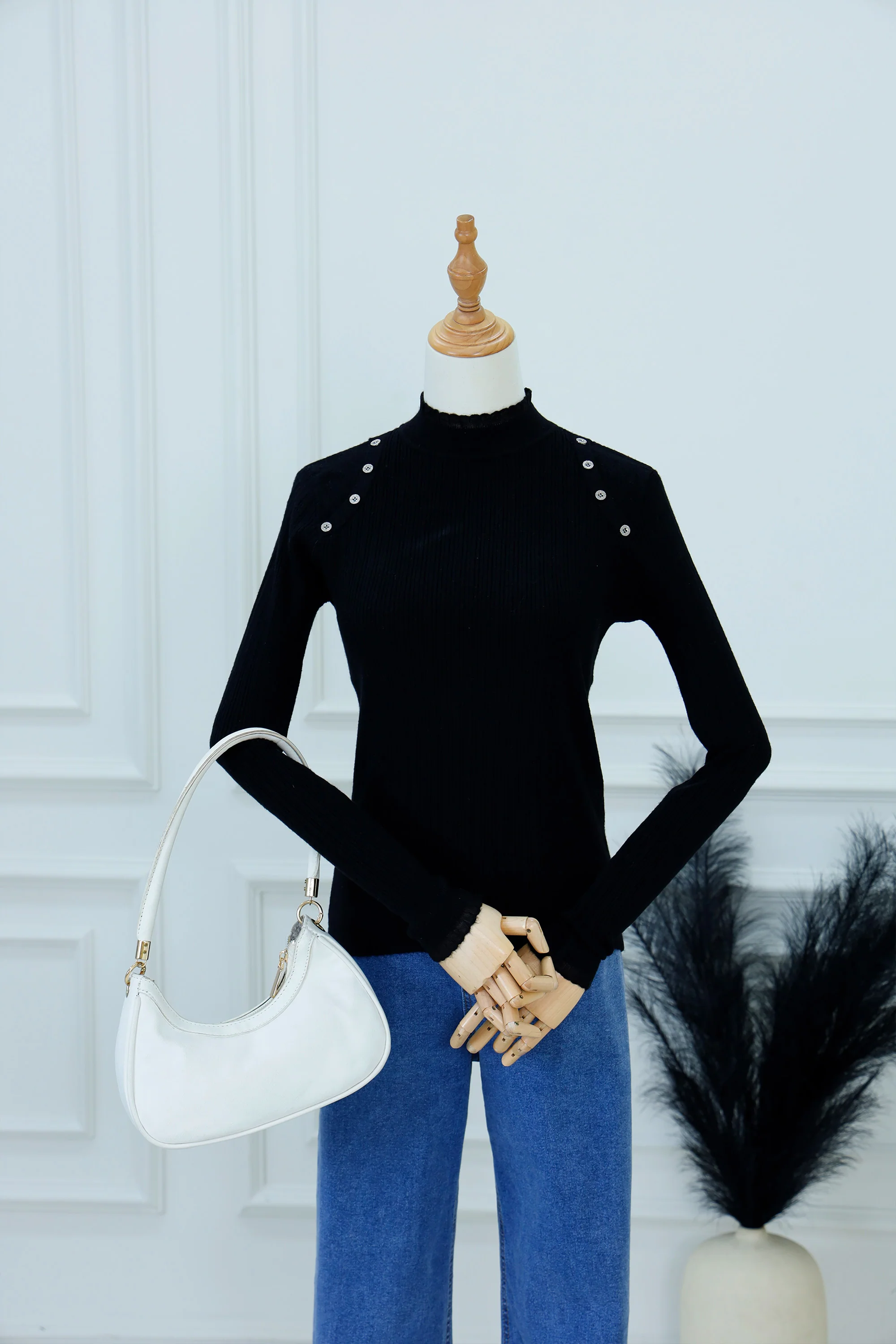 Chic Ribbed Knit Sweater with Shoulder Buttons