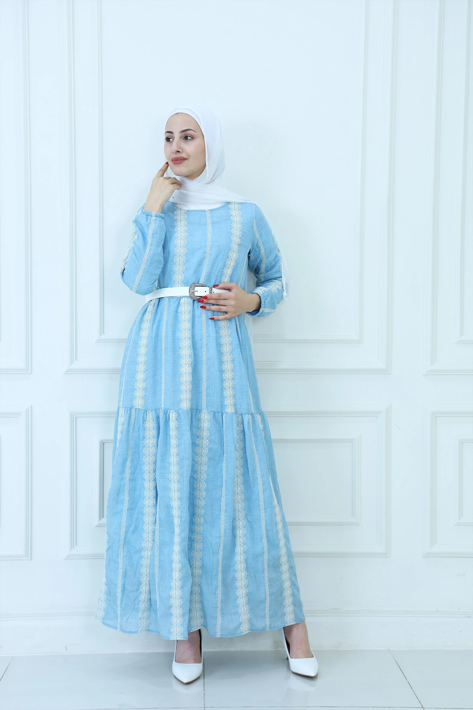 Striped Embroidered Maxi Dress with Belt