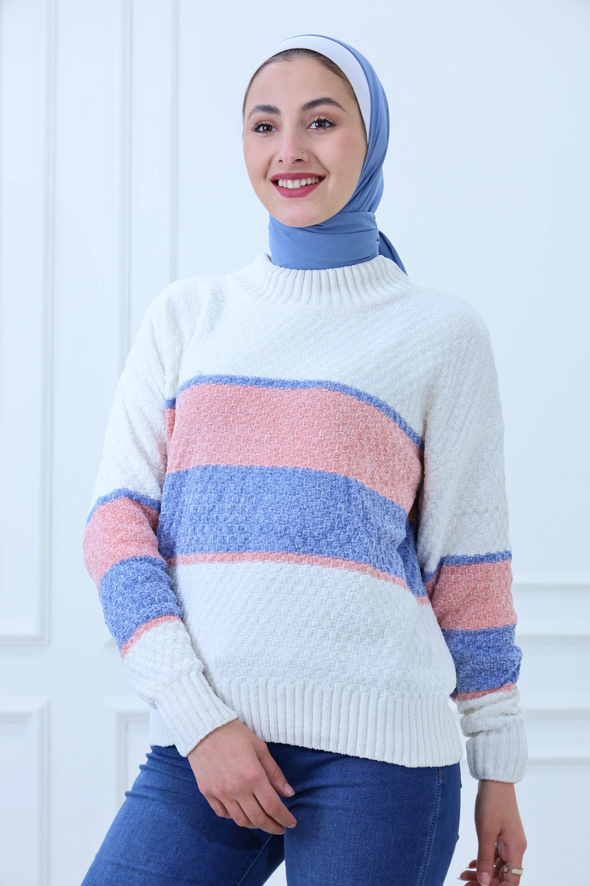 Striped High-Neck Sweater in Soft Tones