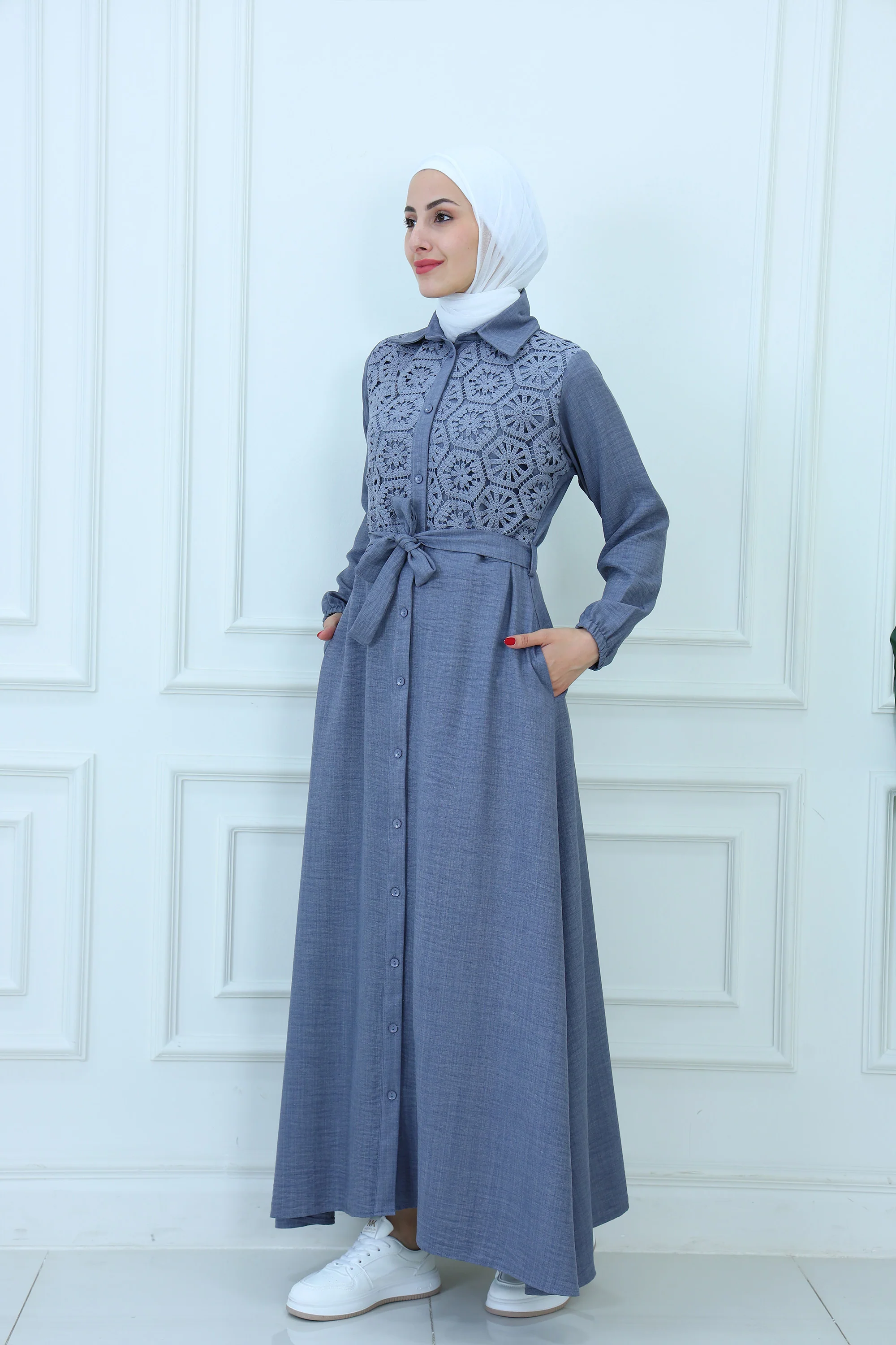 Buttons-Down Maxi Shirt with Crochet Detail