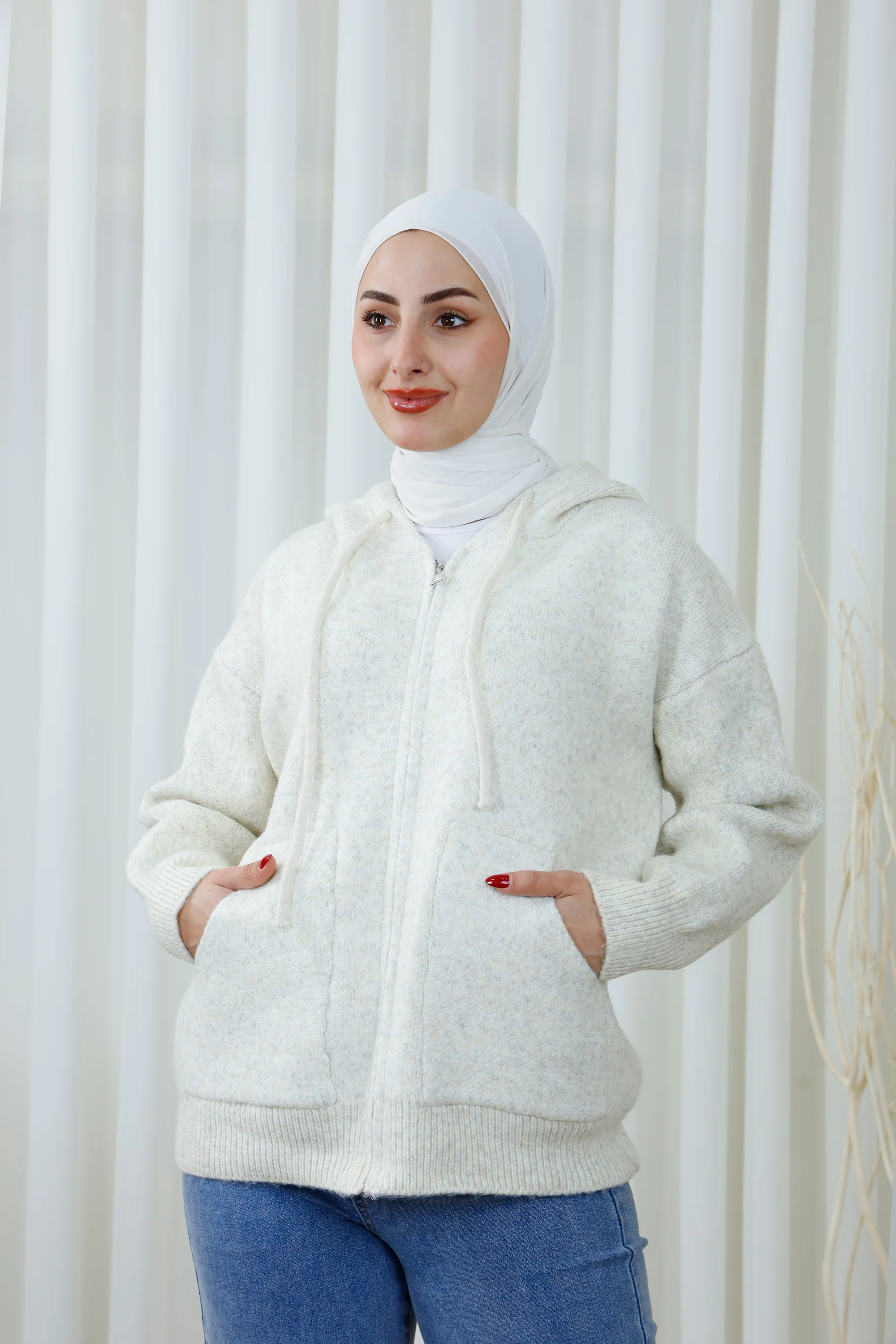 Speckled Zip-Up Hoodie with Drawstring and Pockets