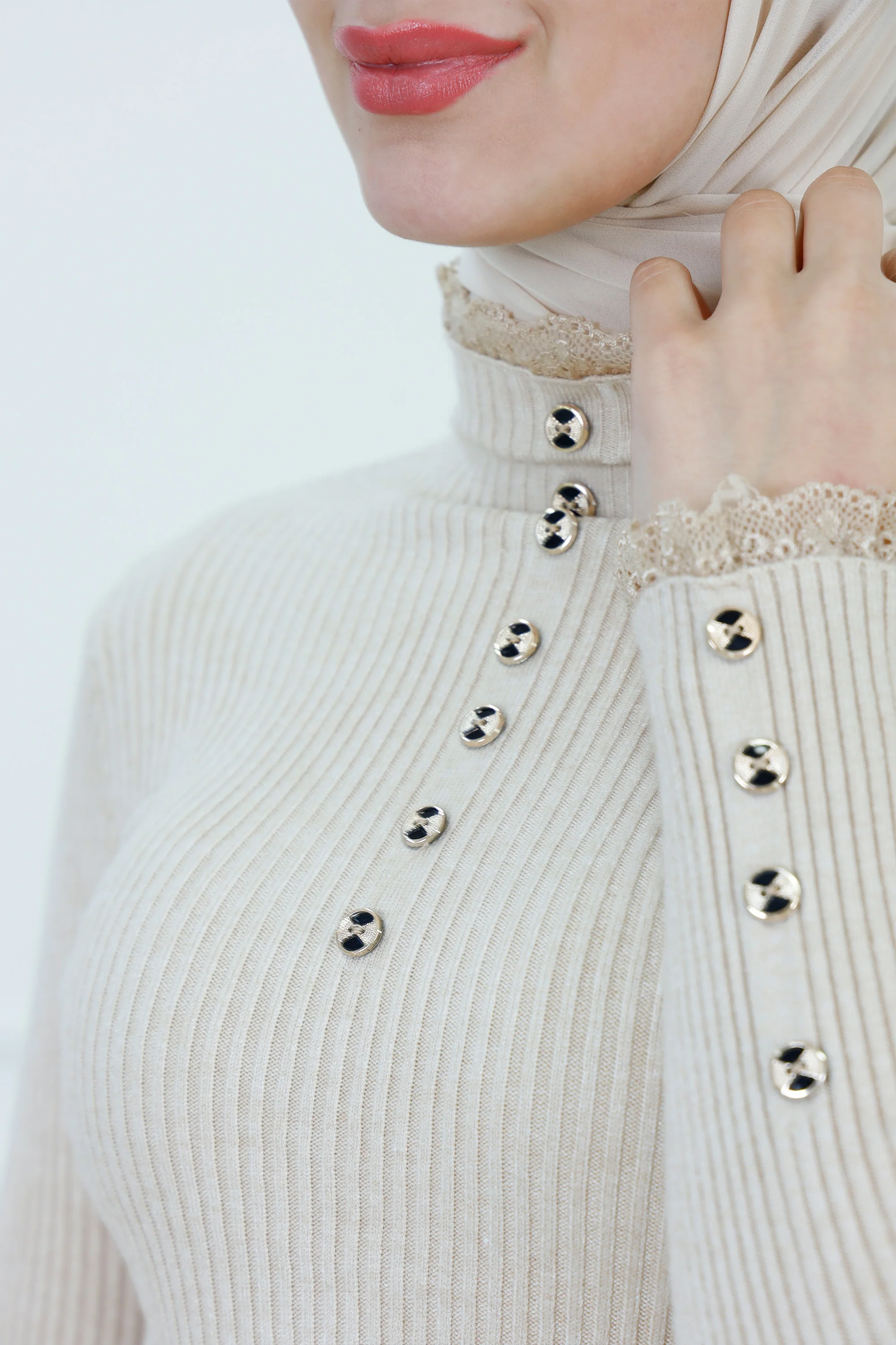 Chic Ribbed Knit High-Neck Blouse with Gold Buttons