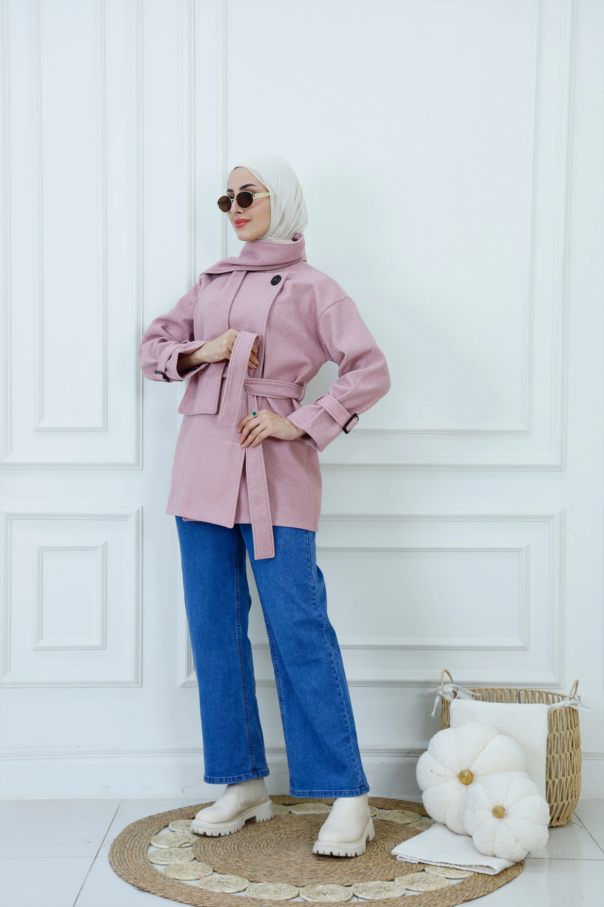 Chic Wool-Blend Scarf-Collar Jacket