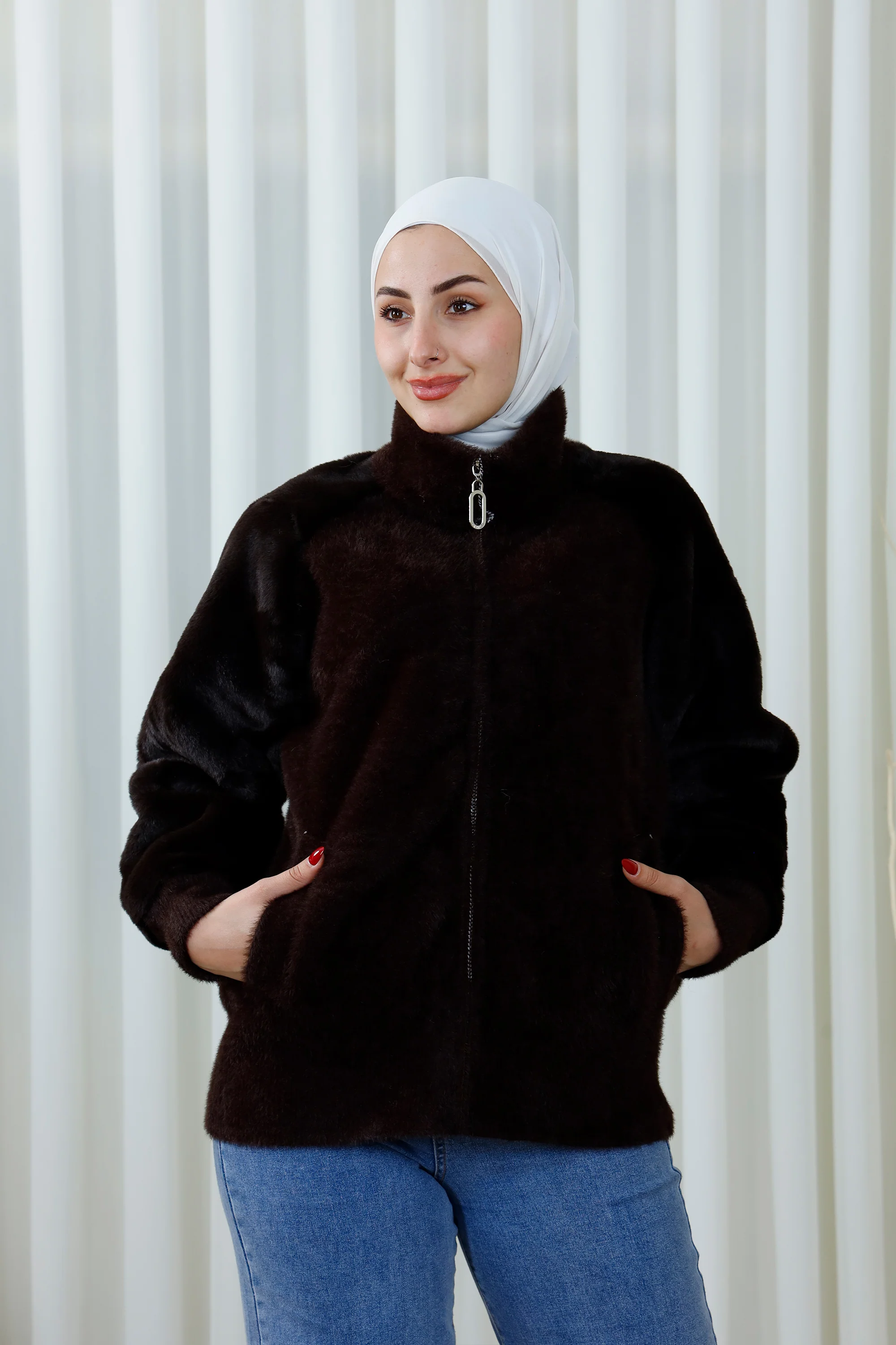 Fuzzy Zip-Up Sweater with High Collar