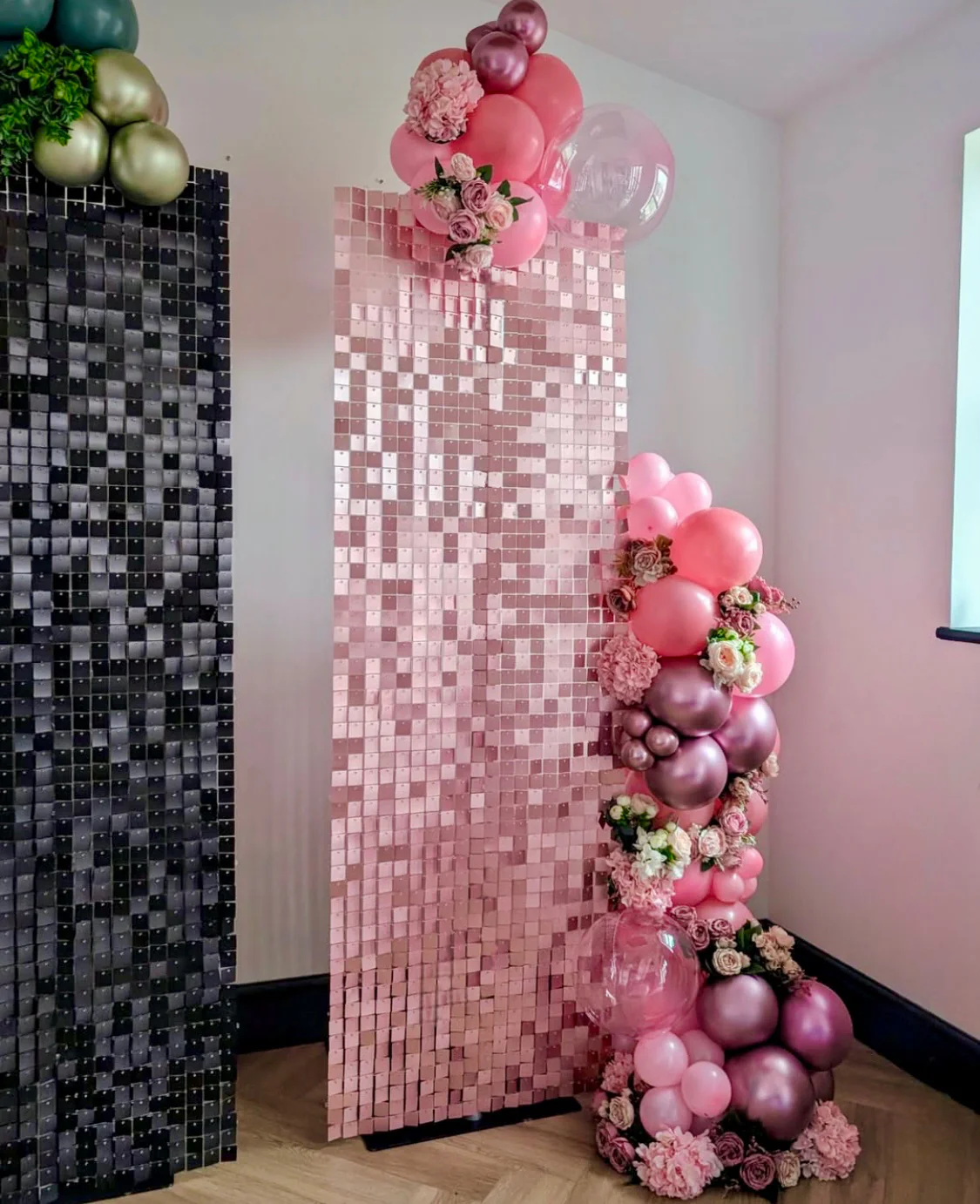 2x different colours Mini sequin walls 180cm x 60cm  12 panels each wall. 24 panel total