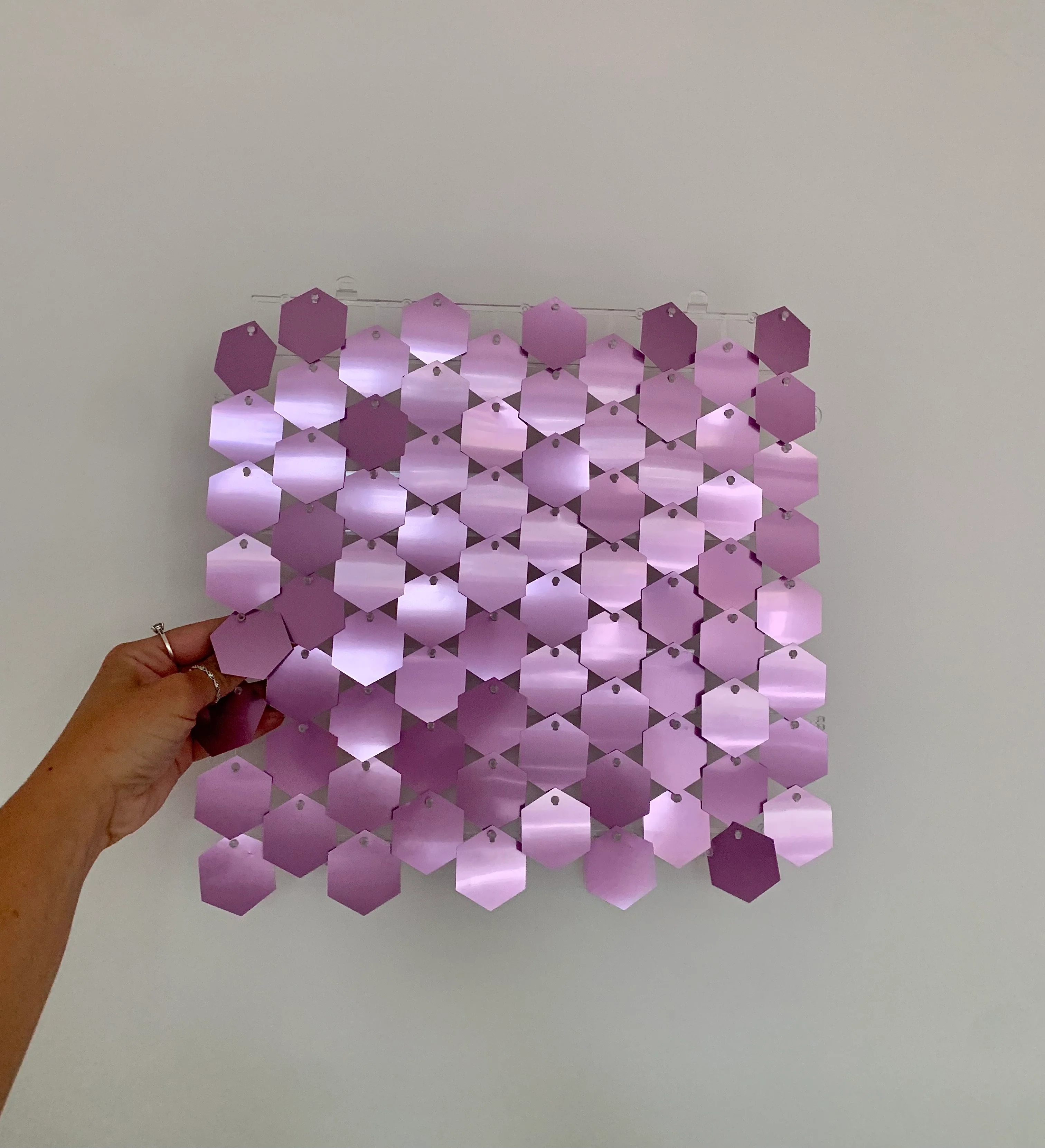 Mirrored lavender hexagonal sequin wall