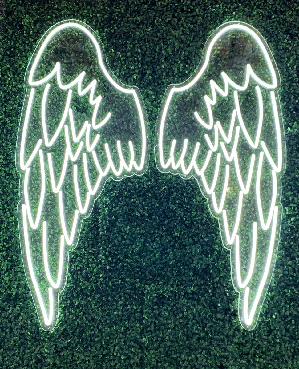 Large angel wings neon sign in cool white 53cm x 120cm