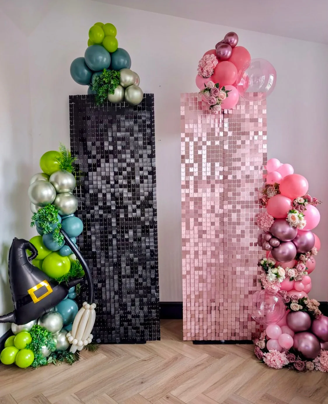 2x different colours Mini sequin walls 180cm x 60cm  12 panels each wall. 24 panel total