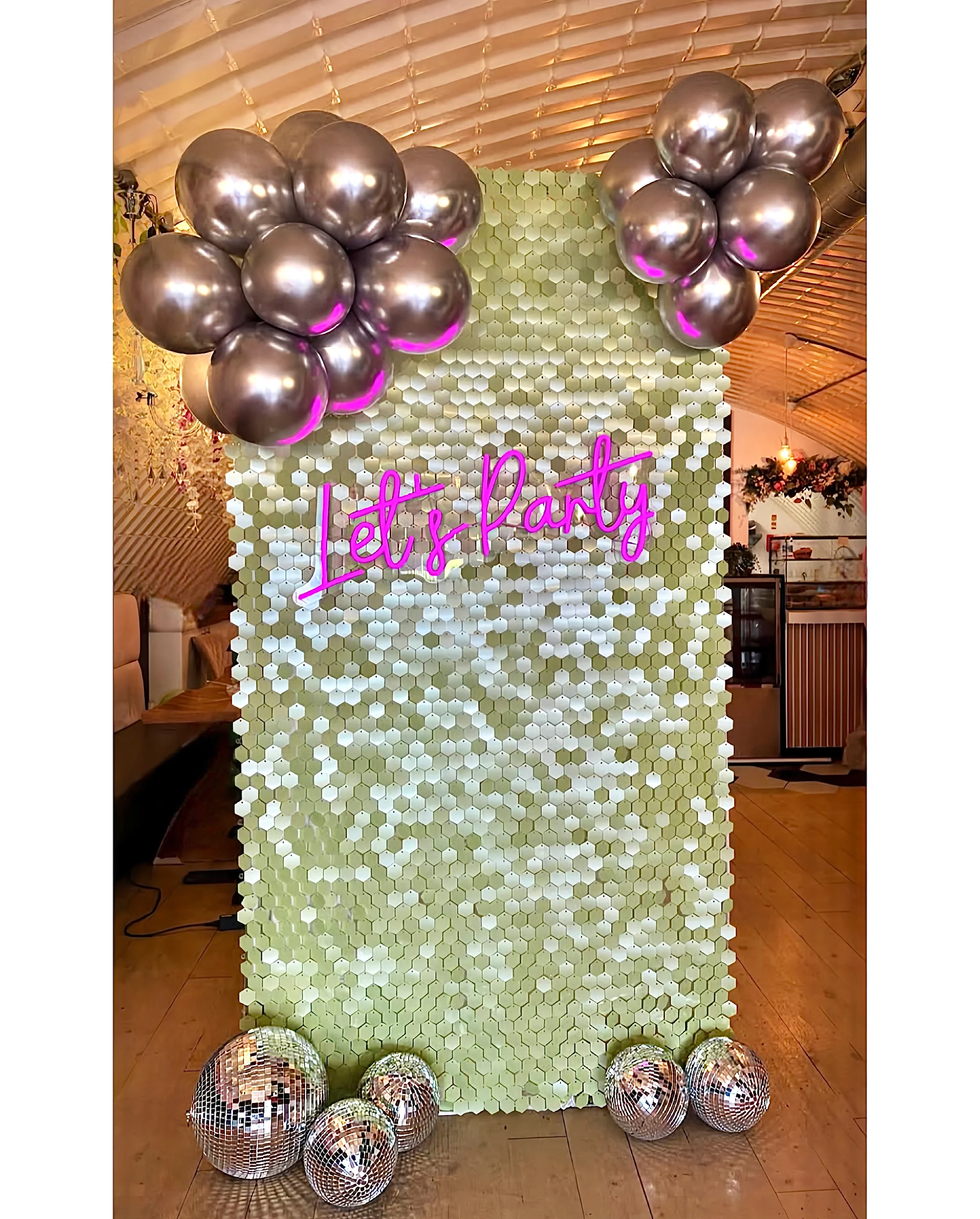 New pearlescent pastel green hexagonal sequin wall