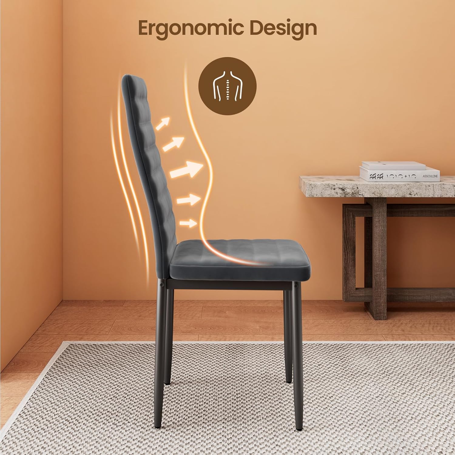 Sada 6 moderních jídelních židlí s vysokým opěradlem a polstrováním do kuchyně a jídelny, tmavě šedý flanel