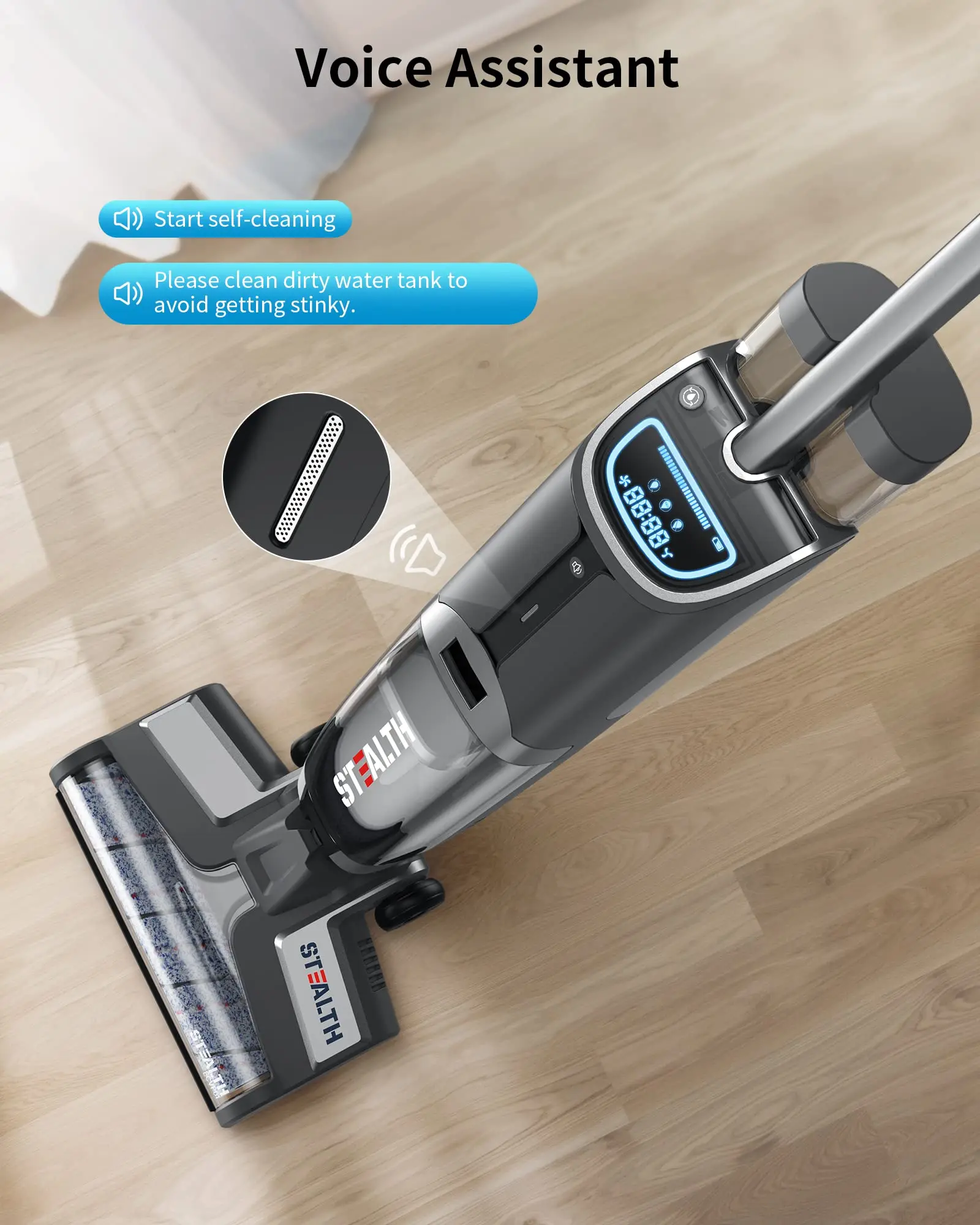 Stealth ECVP01 Bezdrátový mokro-suchý vysavač a mop, chytrý čistič dřevěných podlah se samočištěním, vysáváním a mopem a mytím 3 v 1, lehký mopový vysavač na koberce, šedý
