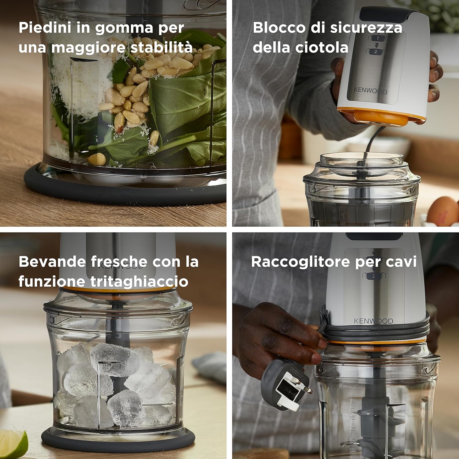 Sekáček Kenwood CHP61.100WH, výkon 500 W, mísa o objemu 0,5 l, 2 rychlosti, systém se čtyřmi noži, protiskluzový kroužek pro stabilitu sekáčku, vhodný do myčky nádobí, bílá/stříbrná