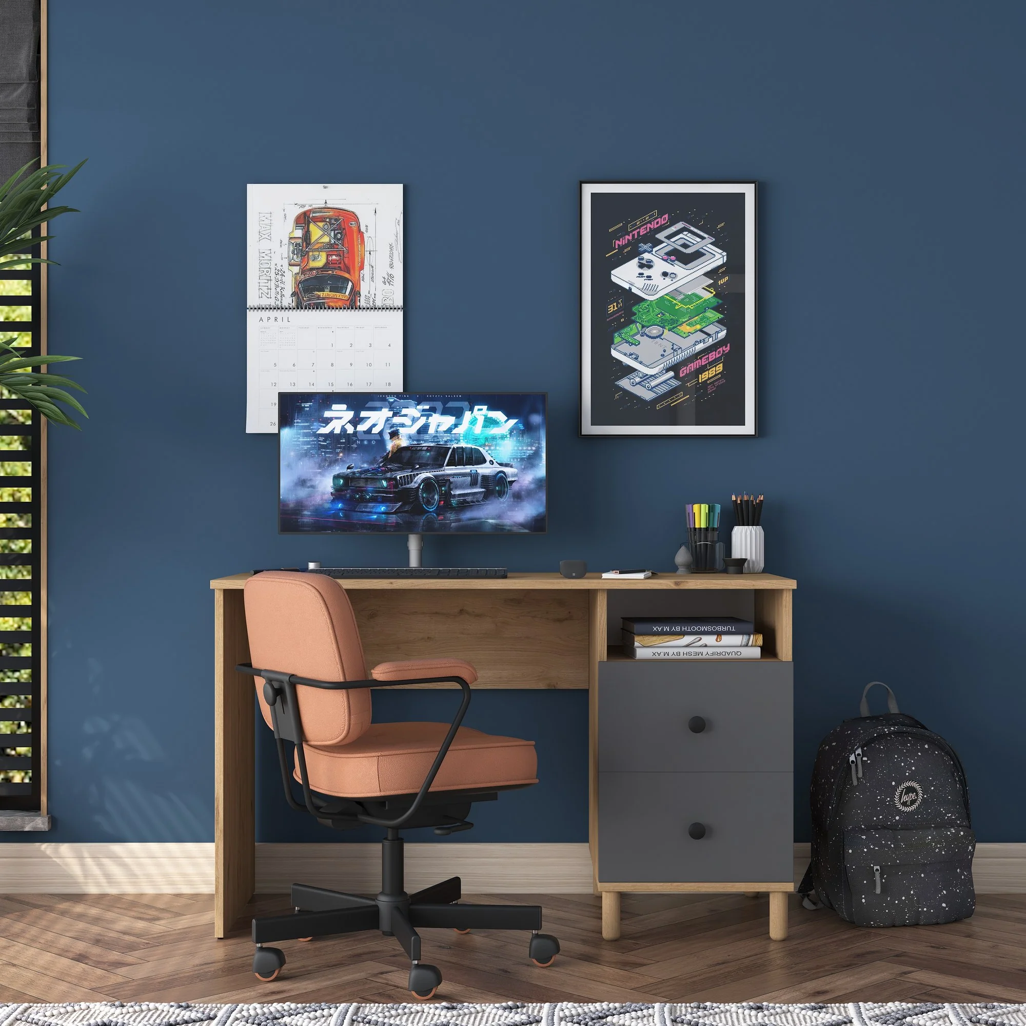 Moderní pracovna s antracitovým a přírodním psacím stolem, knihovnou a policí