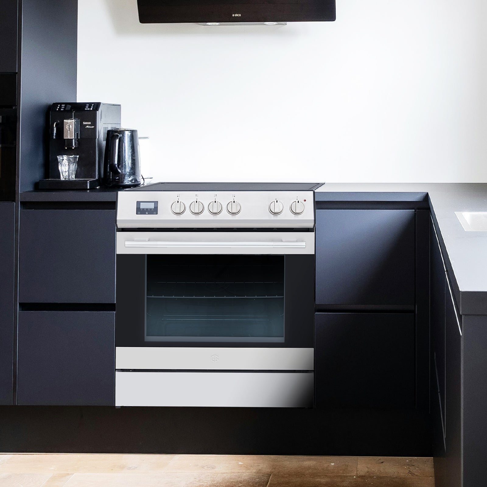 Elektrická trouba s předním ovládáním, 5 varnými deskami a 6 stupni výkonu, volně stojící trouba, objem 5,0 kubických stop, nerezová ocel