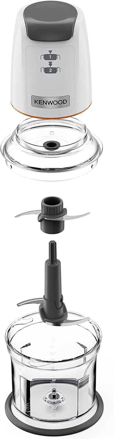 Sekáček Kenwood CHP61.100WH, výkon 500 W, mísa o objemu 0,5 l, 2 rychlosti, systém se čtyřmi noži, protiskluzový kroužek pro stabilitu sekáčku, vhodný do myčky nádobí, bílá/stříbrná