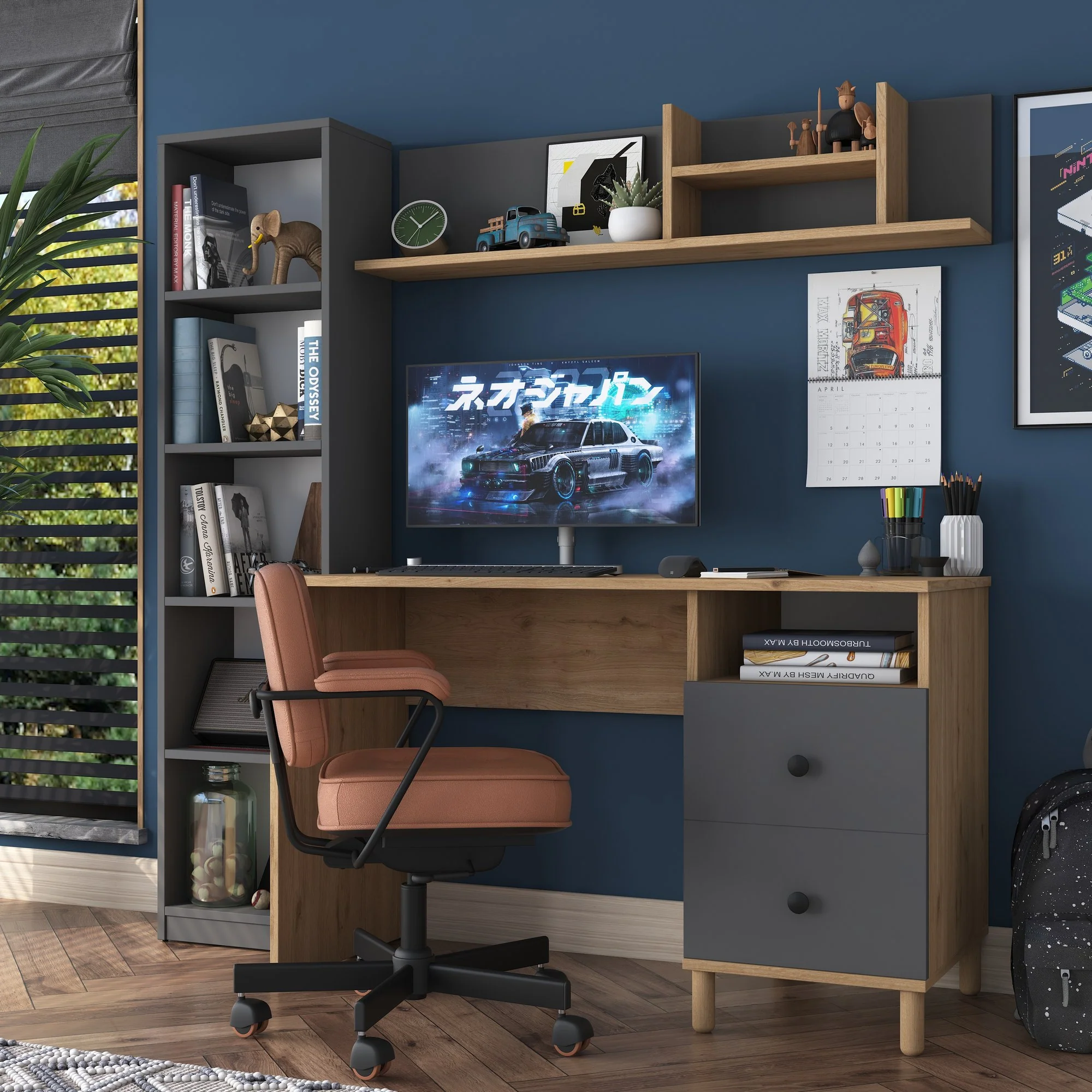 Moderní pracovna s antracitovým a přírodním psacím stolem, knihovnou a policí