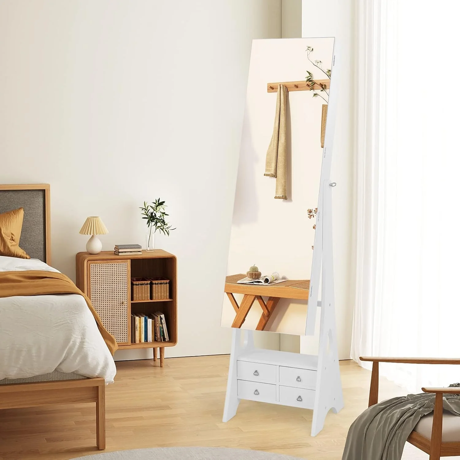 Stojací šperkovnice, bezrámová zrcadlová šperkovnice, 12 LED světel, stojící šperkovnice na líčení se 4 zásuvkami, 41 x 36 x 159 cm (bílá)