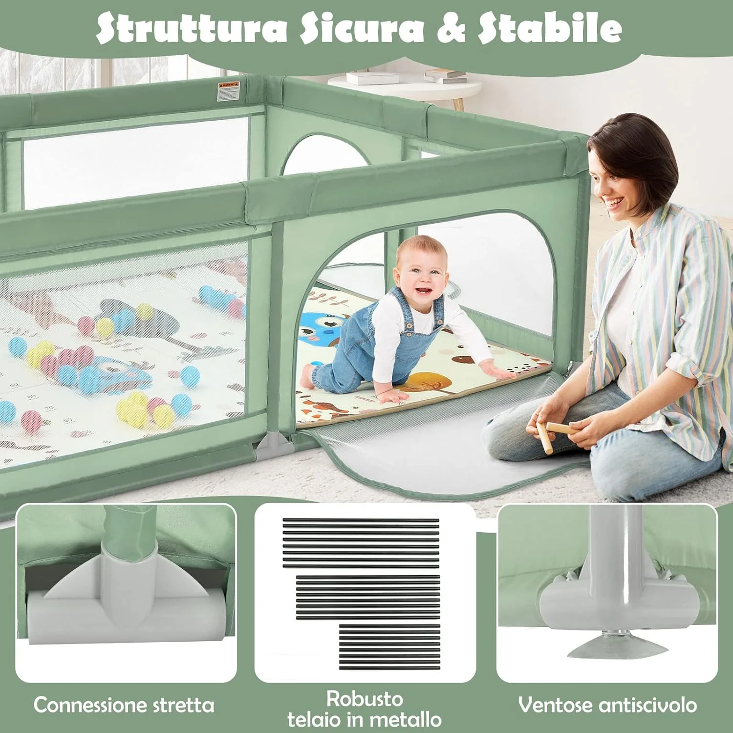 Dětská ohrádka s matrací, Dětská ohrádka s podložkou, prodyšná síťovina a zapínání na zip, Ohrádka s taškou, 4 rukojeti a 50 míčky, pro děti 0-3 roky (zelená)
