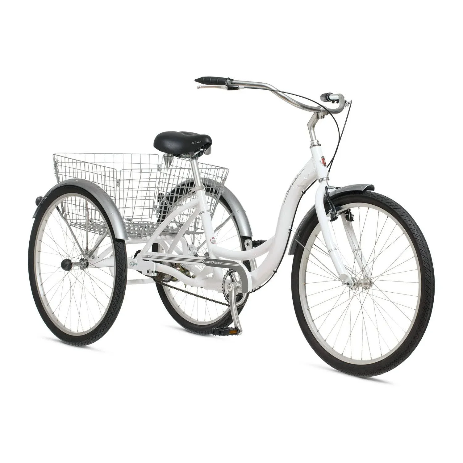 Schwinn Meridian tříkolka pro dospělé, model 2025, pánská a dámská, tříkolka Beach Cruiser, 26palcová kola, nízký nástupní rám, široké sedlo, skládací zadní košík, Sin