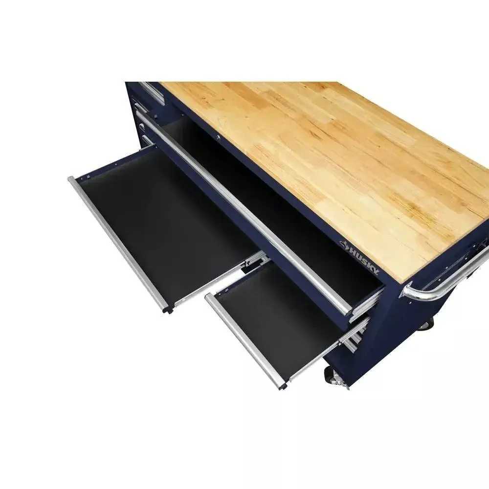 Mobilní pracovní stůl Husky 72 palců s 18 zásuvkami a masivní dřevěnou deskou v leskle modré barvě