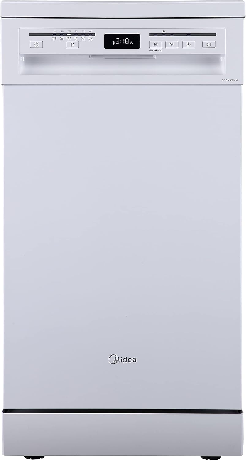 Volně stojící myčka nádobí Midea MFD60S200X.1-IT s 14 sadami nádobí, 8 programy, LED displejem, odloženým startem, funkcí poloviční náplně, extra sušení - nerezová ocel