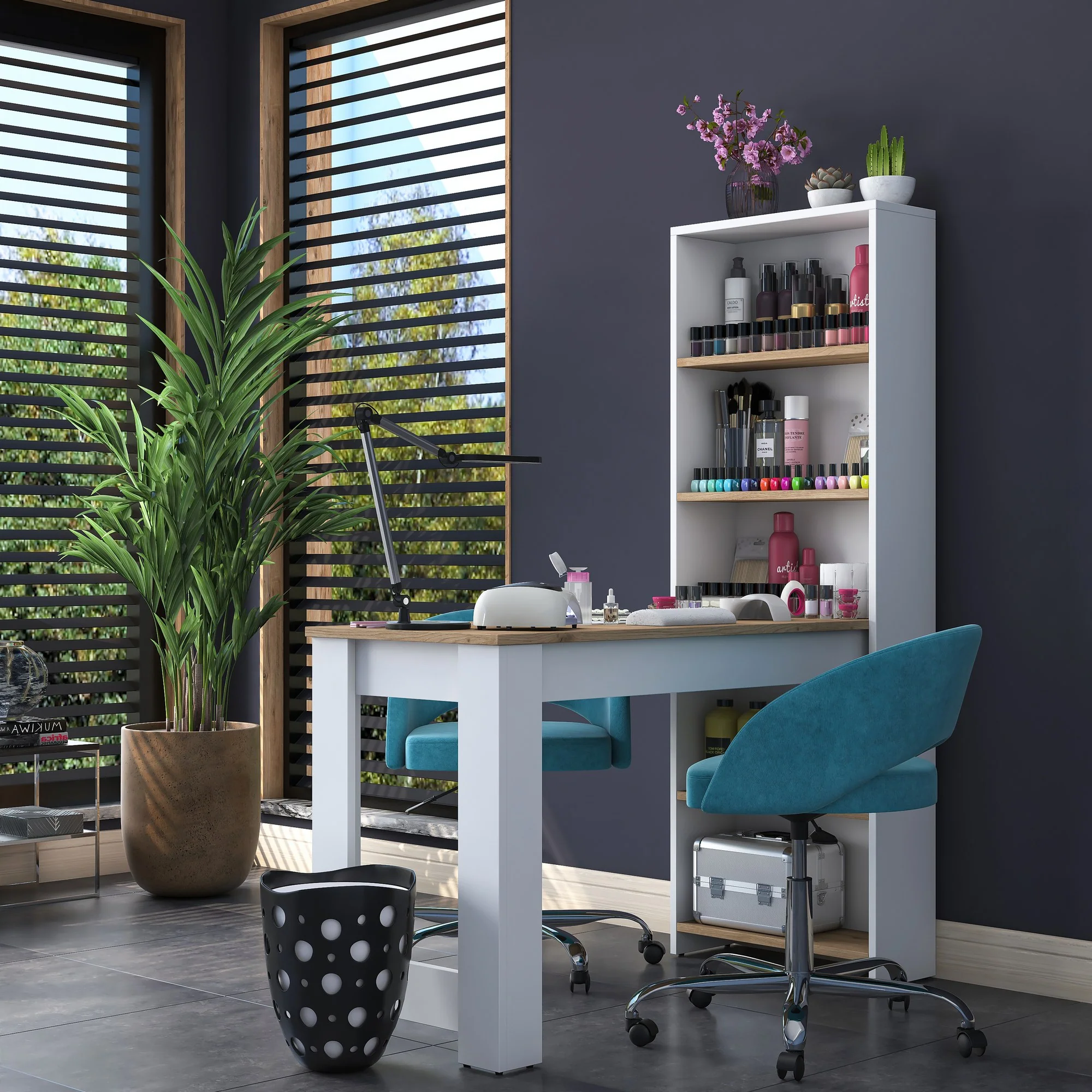 Moderní psací stůl s integrovanou knihovnou, bílá a přírodní barva, 120x53x153 cm