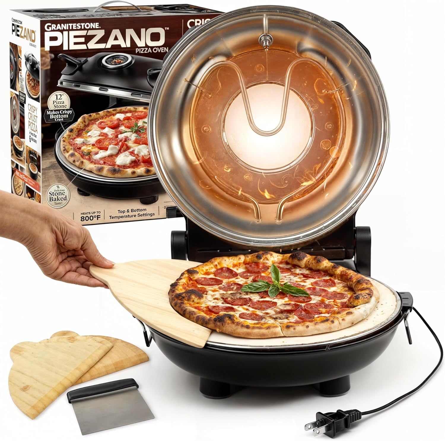PIZZANO PIZZA Oven Crispy Crust od Granitestone? Elektrická pec na pizzu, přenosná vnitřní, 12palcová, stolní pec na pizzu, ohřívá až 800 °F pro pečení pizzy na kameni doma, jak je vidět v televizi.
