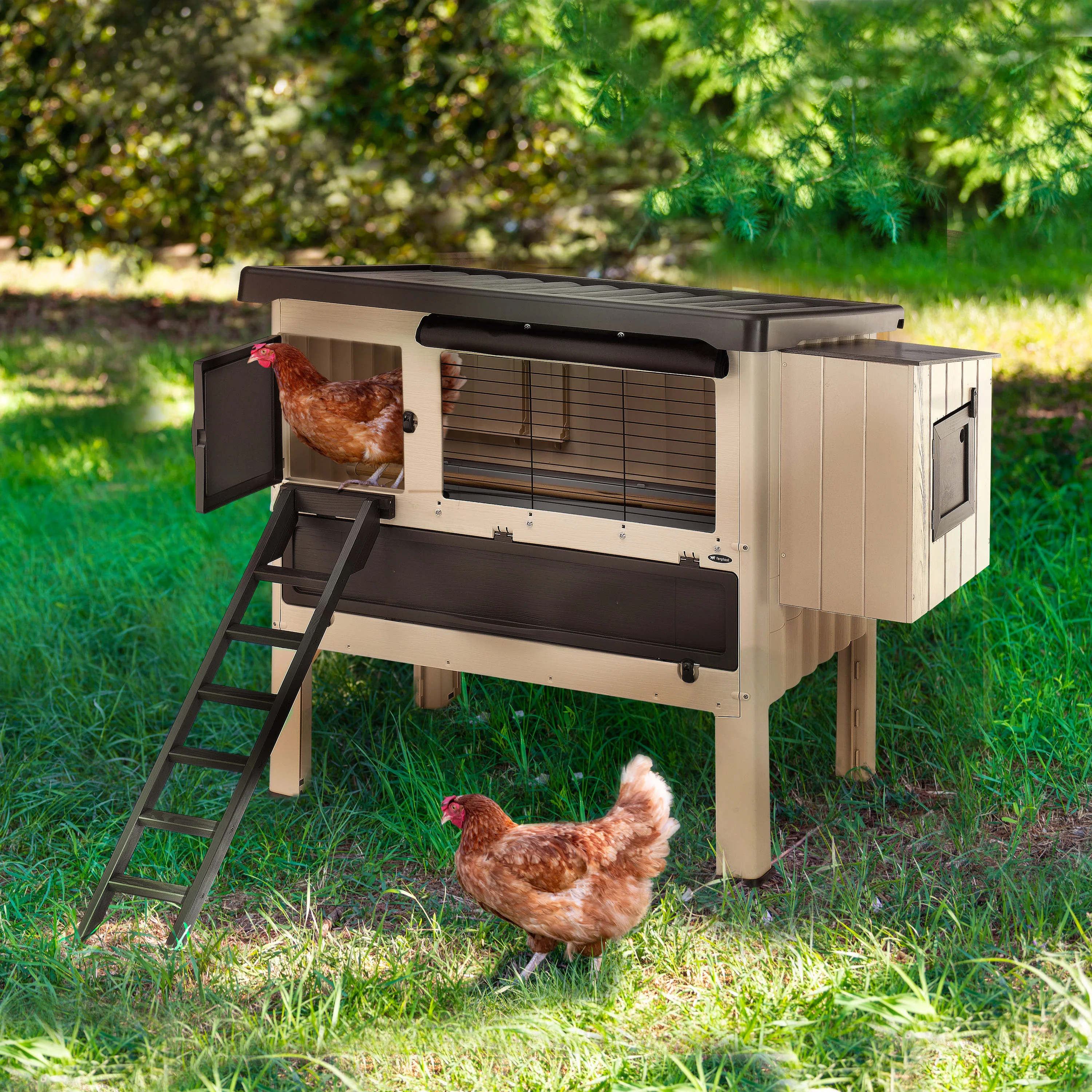 Happy Farm 120 – Kurník z termoplastické pryskyřice s dvojitou zónou a otevíracími dveřmi, ideální pro 6 kuřat
