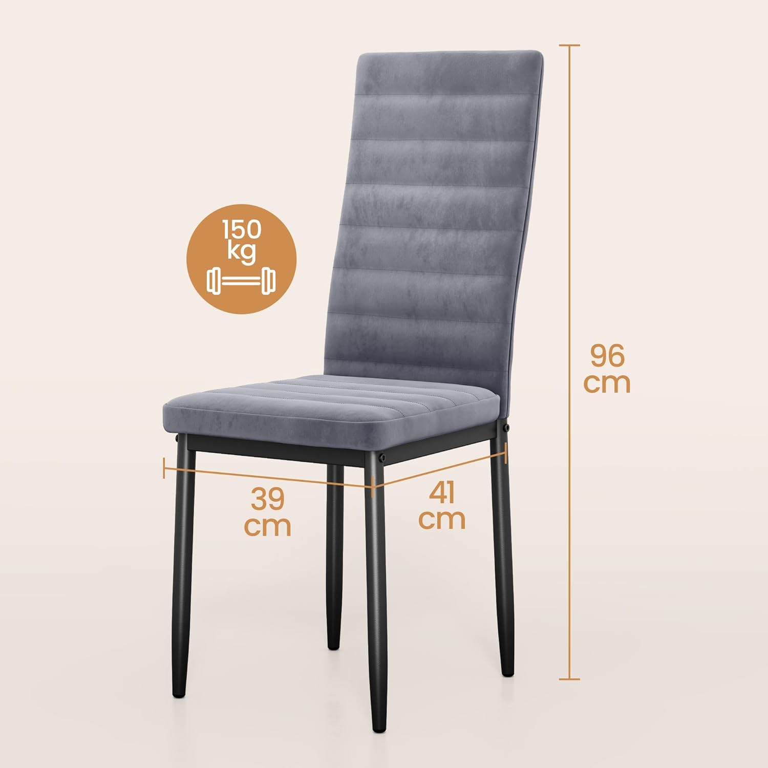 Sada 6 moderních jídelních židlí s vysokým opěradlem a polstrováním do kuchyně a jídelny, tmavě šedý flanel