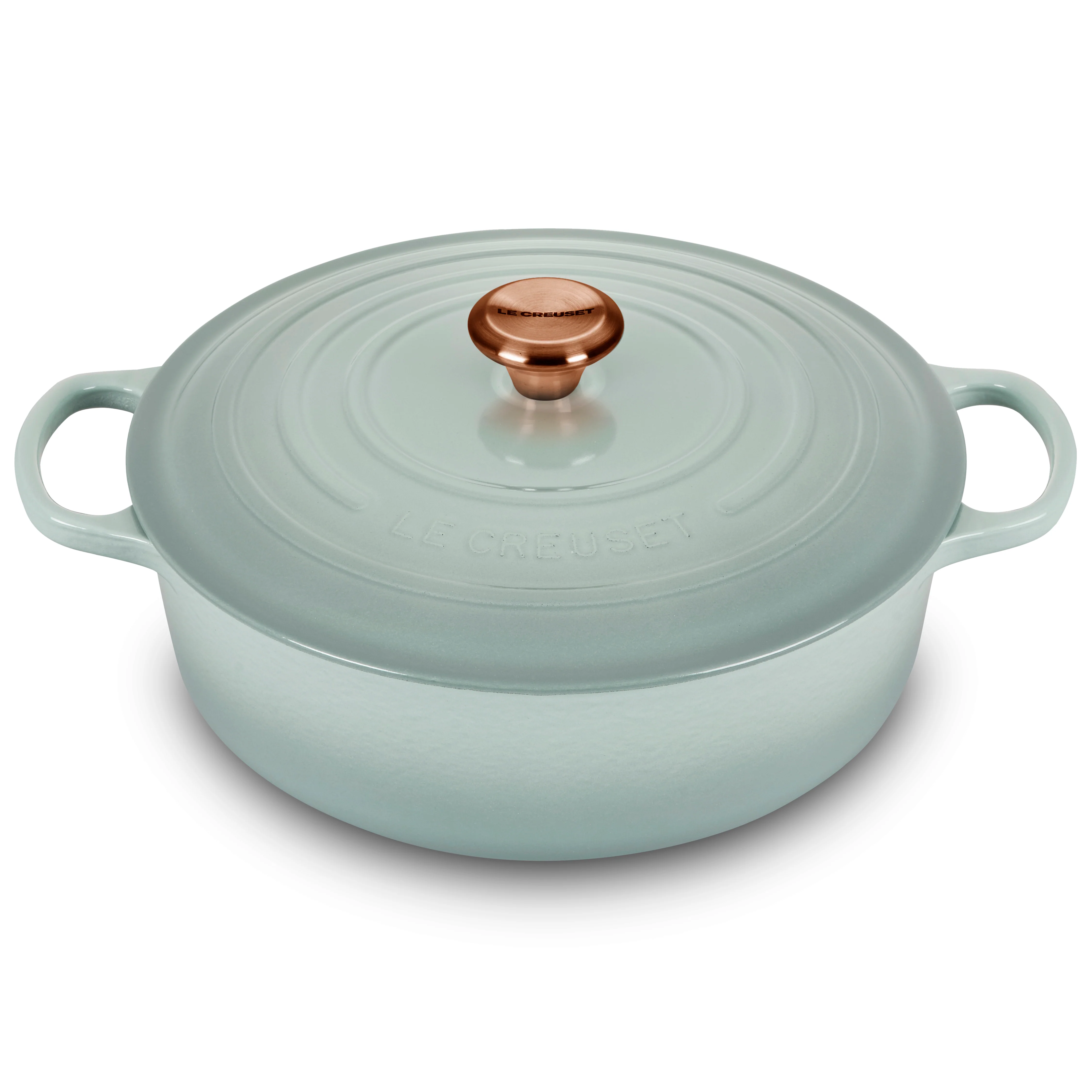 Le Creuset Signature, velký kulatý smaltovaný litinový hrnec o objemu 6,75 qt, mořská sůl, s měděnou rukojetí