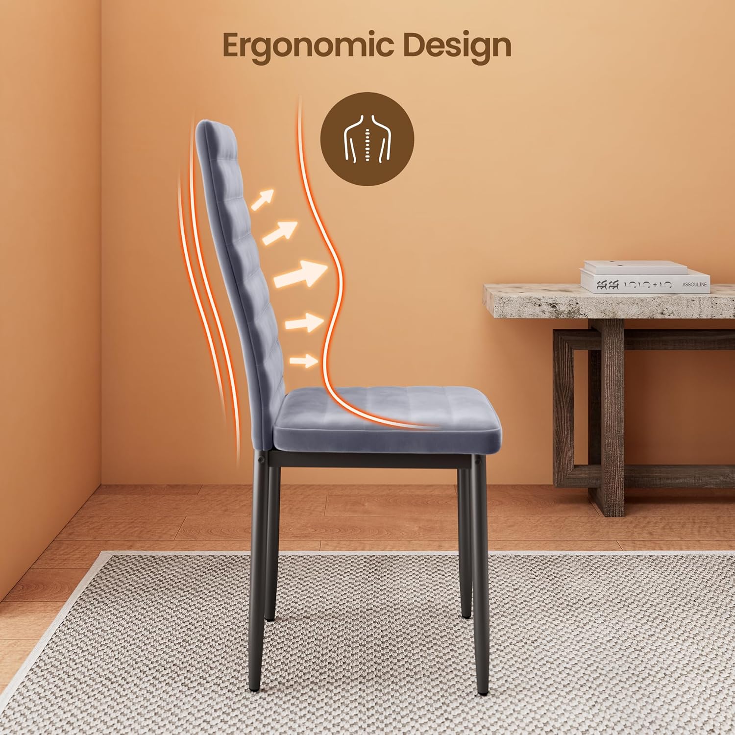 Sada 6 moderních jídelních židlí s vysokým opěradlem a polstrováním do kuchyně a jídelny, tmavě šedý flanel