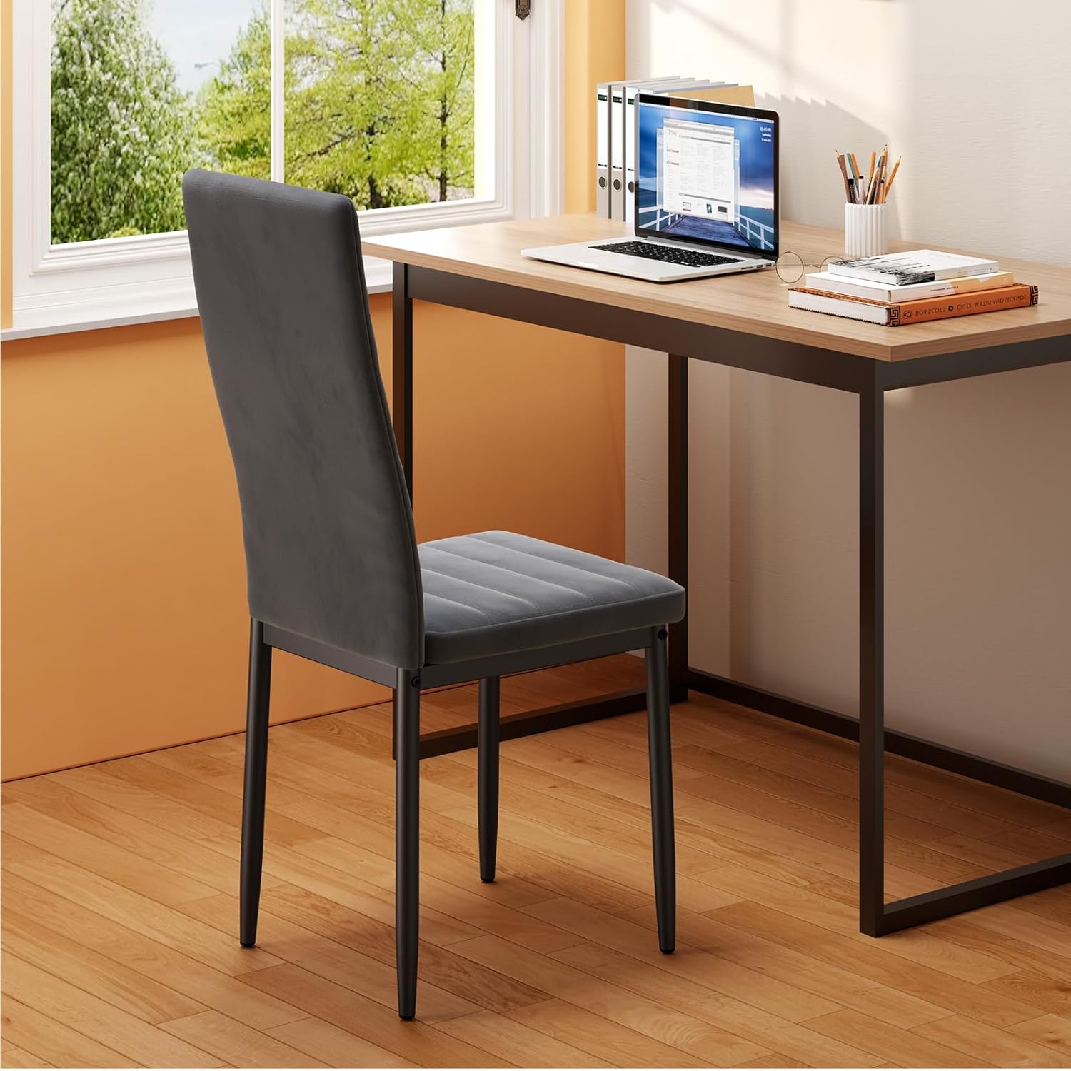 Sada 6 moderních jídelních židlí s vysokým opěradlem a polstrováním do kuchyně a jídelny, tmavě šedý flanel