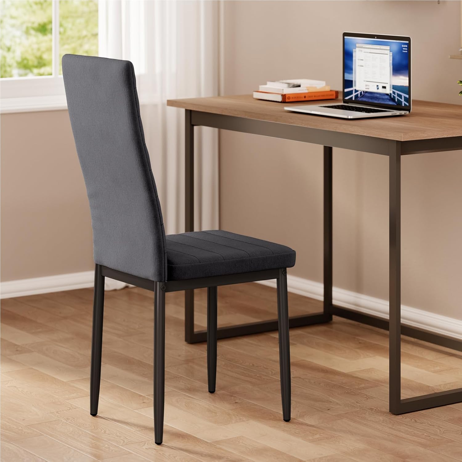 Sada 6 moderních jídelních židlí s vysokým opěradlem a polstrováním do kuchyně a jídelny, tmavě šedý flanel