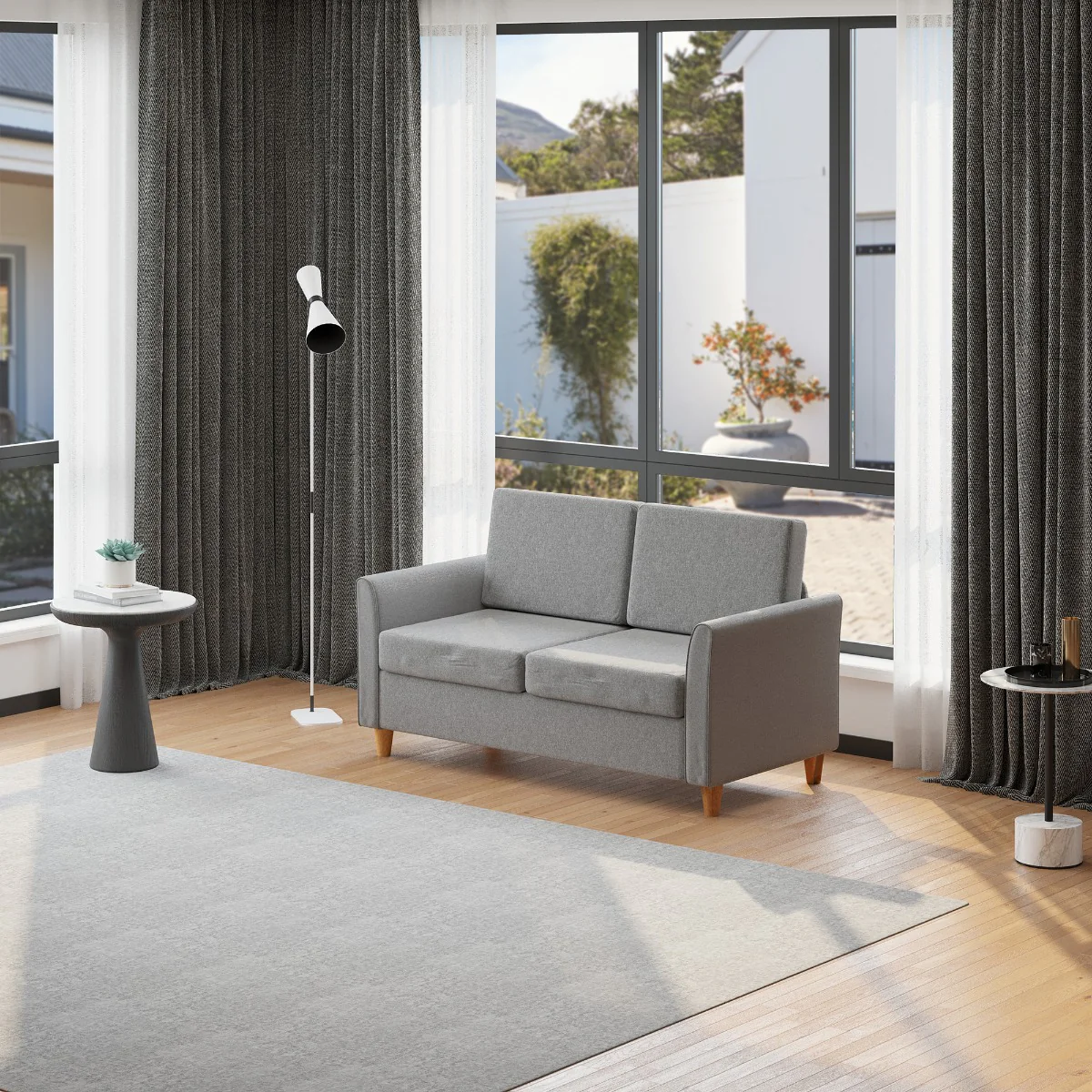 Dvoumístná pohovka 65x141x78 cm v provedení dřevo a šedá lněná látka