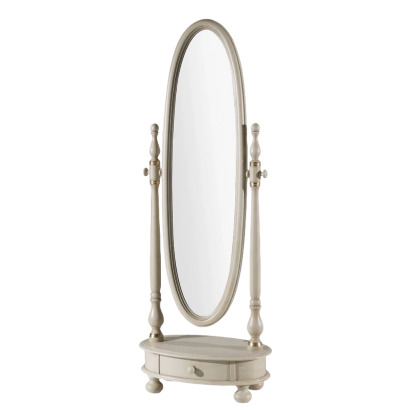 Oválné otočné zrcadlo lakované ve slonovinové barvě se zlatými detaily, rozměry: Š 62 x V 169 x H 37