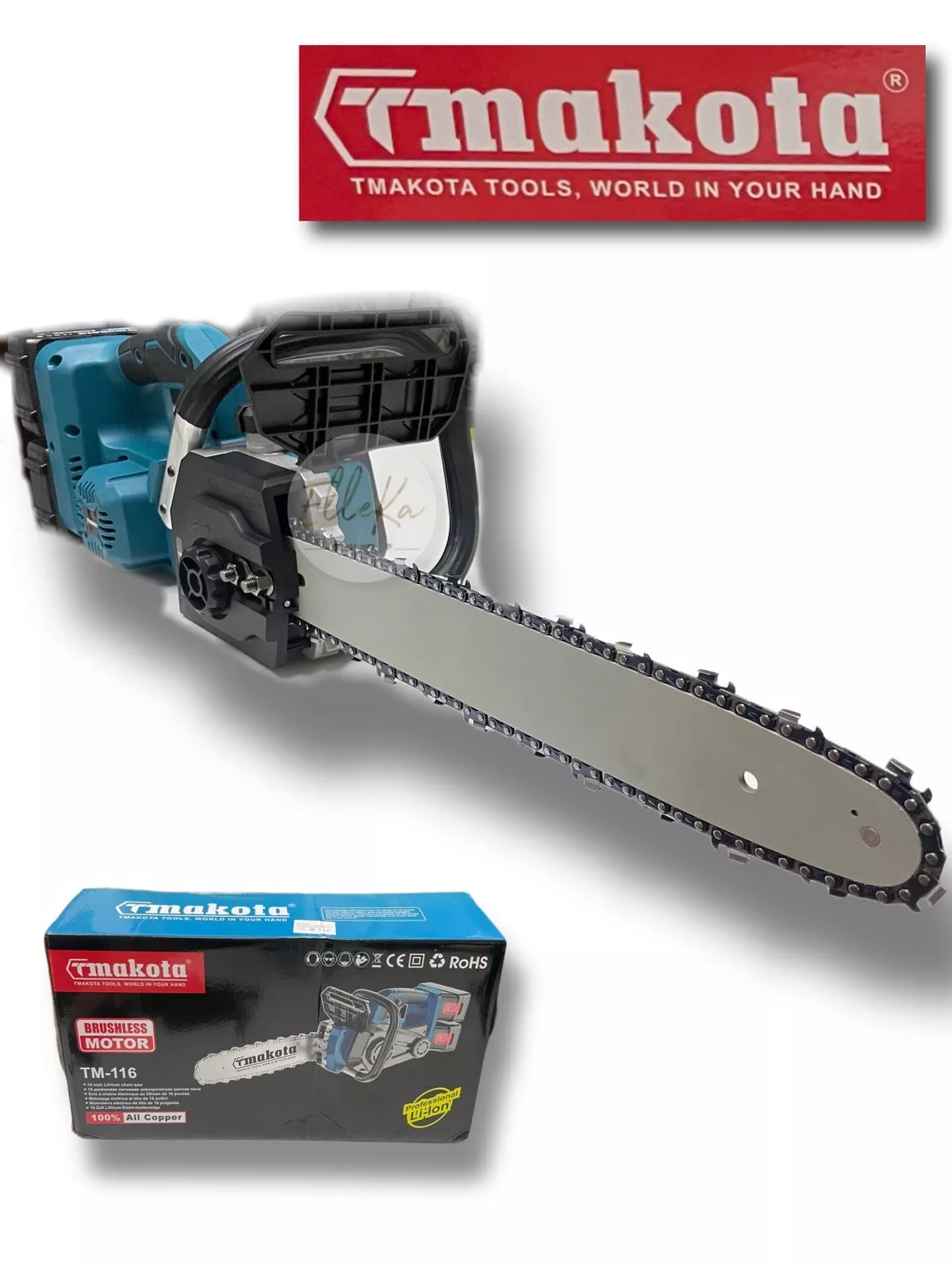 Akumulátorová řetězová pila Makota 16 palců se 2 bateriemi 68 V, duální nabíječkou a přepravním kufrem