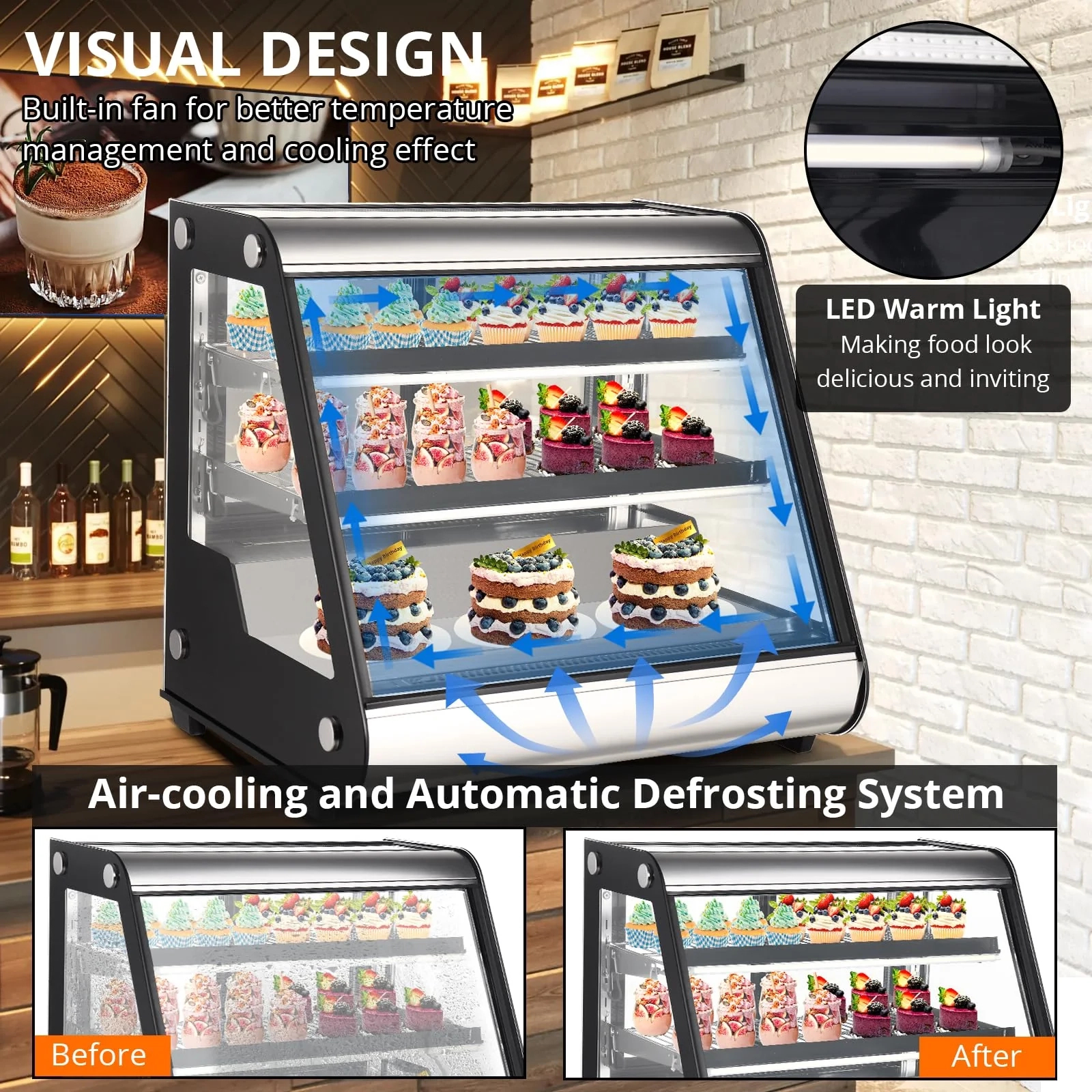 Vitrína pro komerční chladničky 2025, 130 l (4,6 kubických stop) – automatické odmrazování, tvrzené sklo + LED osvětlení, pracovní deska, komerční použití