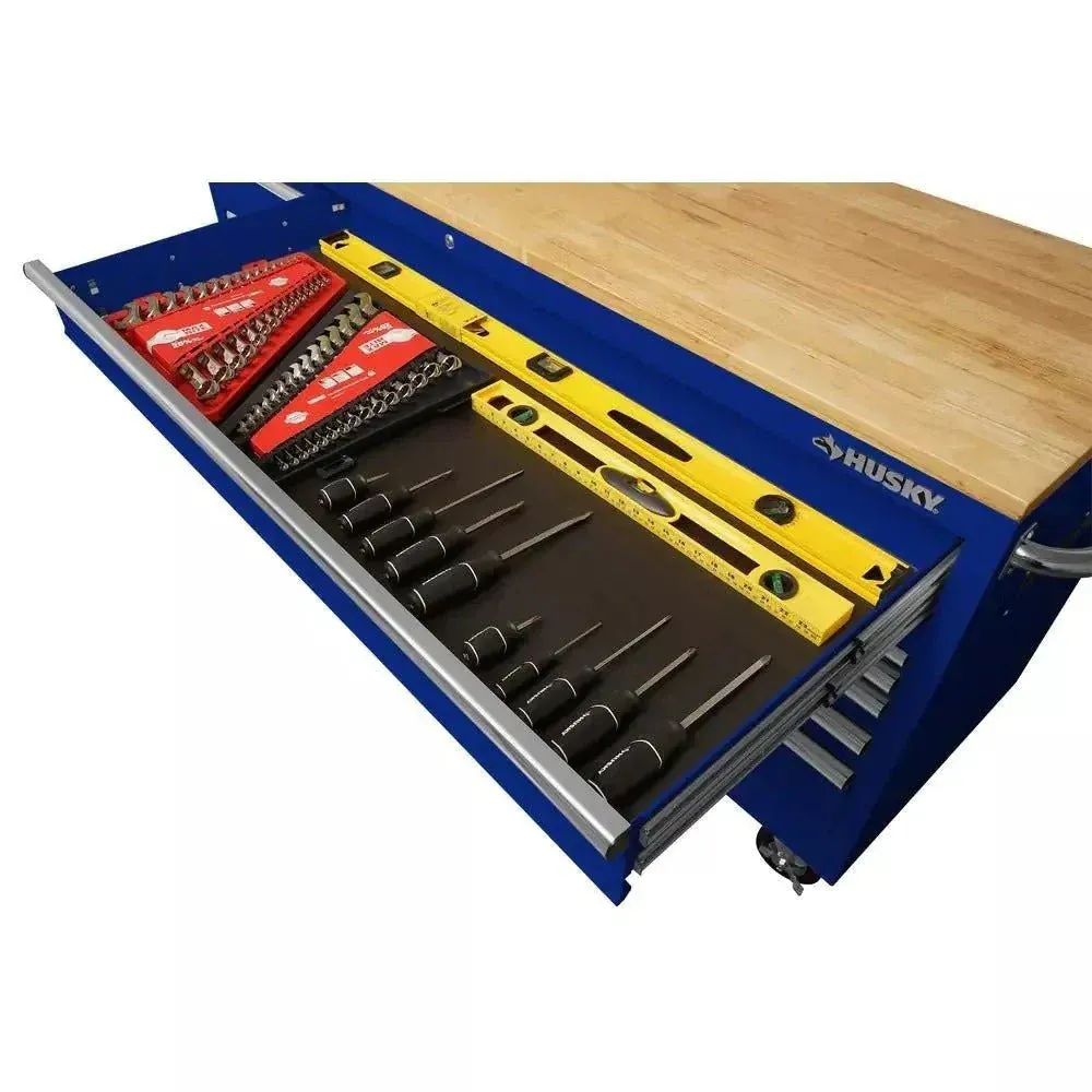 Mobilní pracovní stůl Husky 72 palců s 18 zásuvkami a masivní dřevěnou deskou v leskle modré barvě