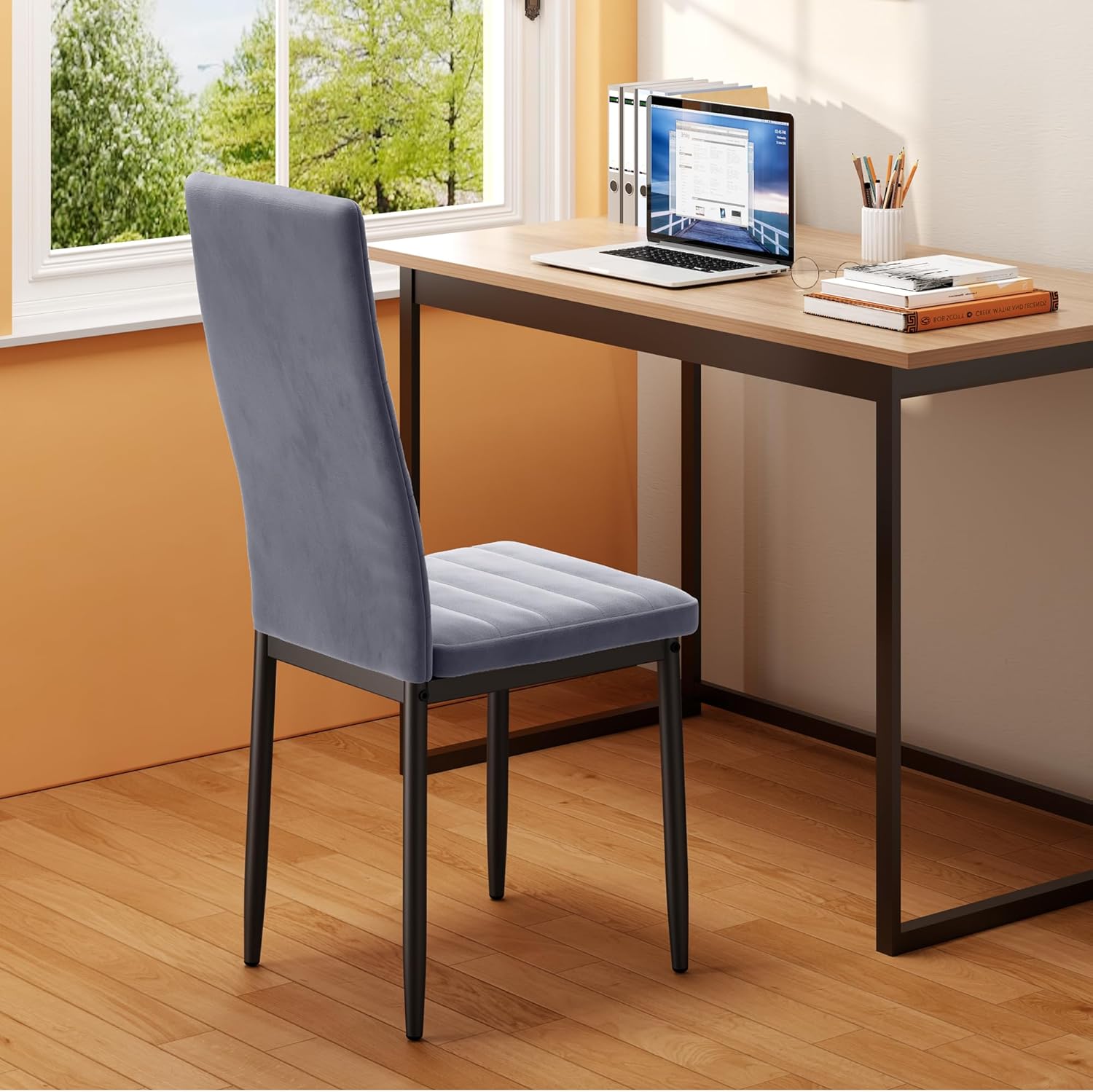 Sada 6 moderních jídelních židlí s vysokým opěradlem a polstrováním do kuchyně a jídelny, tmavě šedý flanel