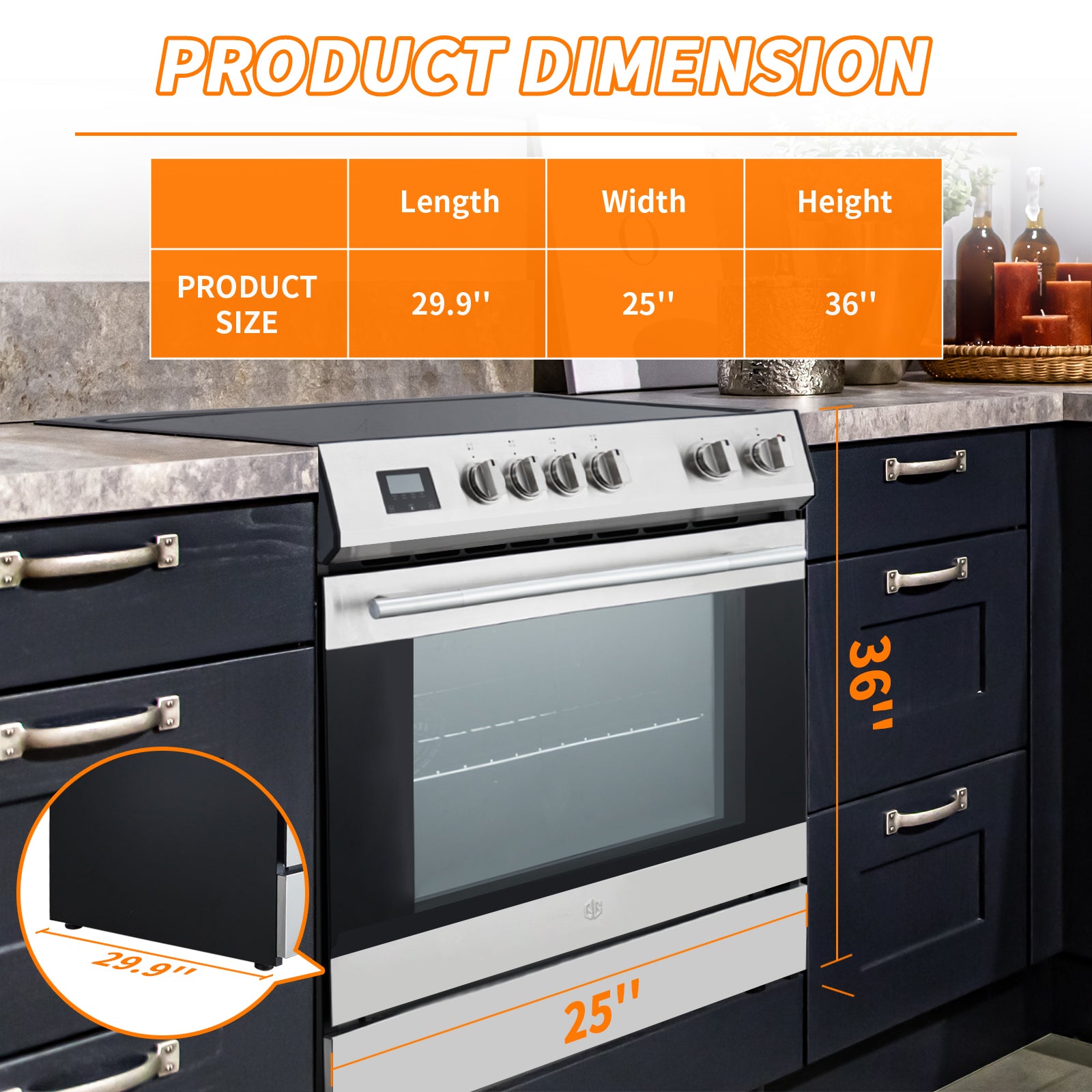 Elektrická trouba s předním ovládáním, 5 varnými deskami a 6 stupni výkonu, volně stojící trouba, objem 5,0 kubických stop, nerezová ocel