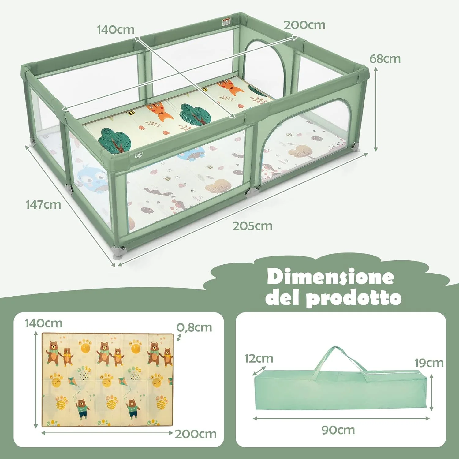 Dětská ohrádka s matrací, Dětská ohrádka s podložkou, prodyšná síťovina a zapínání na zip, Ohrádka s taškou, 4 rukojeti a 50 míčky, pro děti 0-3 roky (zelená)