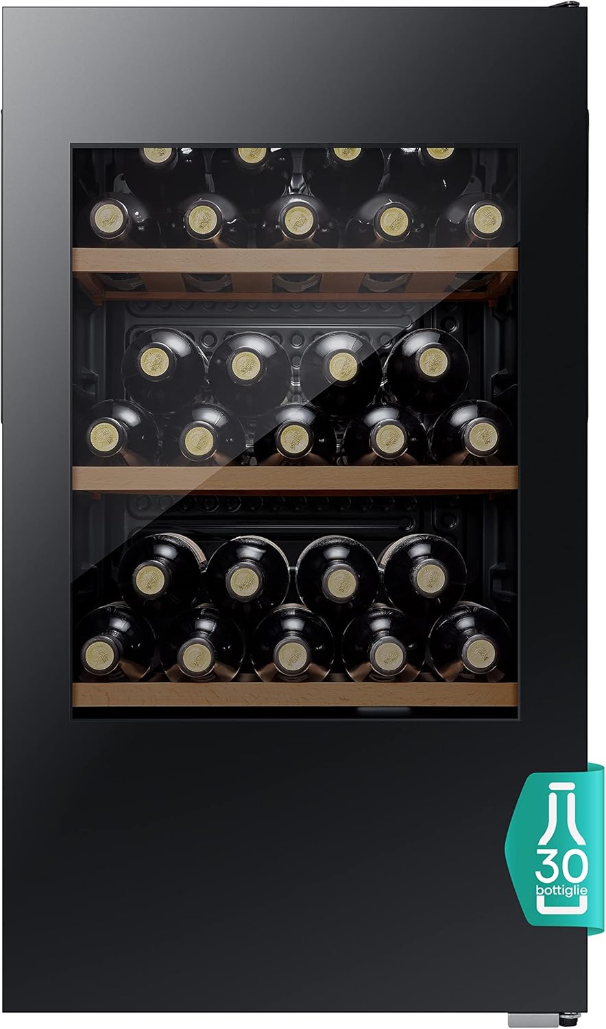 Hisense RW12D4NWG0 - vinotéka na 30 lahví, jednotná teplota, sklo odolné proti UV záření, dřevěné police, dotykový displej, LED osvětlení