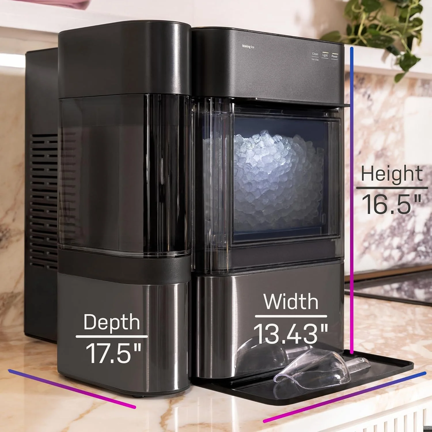 GE Profile Opal 2.0 XL s 1galónovou nádrží, žvýkací křupavý výrobník ledu na kuchyňskou linku, odměrka součástí balení, 38 liber za 24 hodin, výrobník ledu na pelety s WiFi a chytrým připojením, nerezová ocel