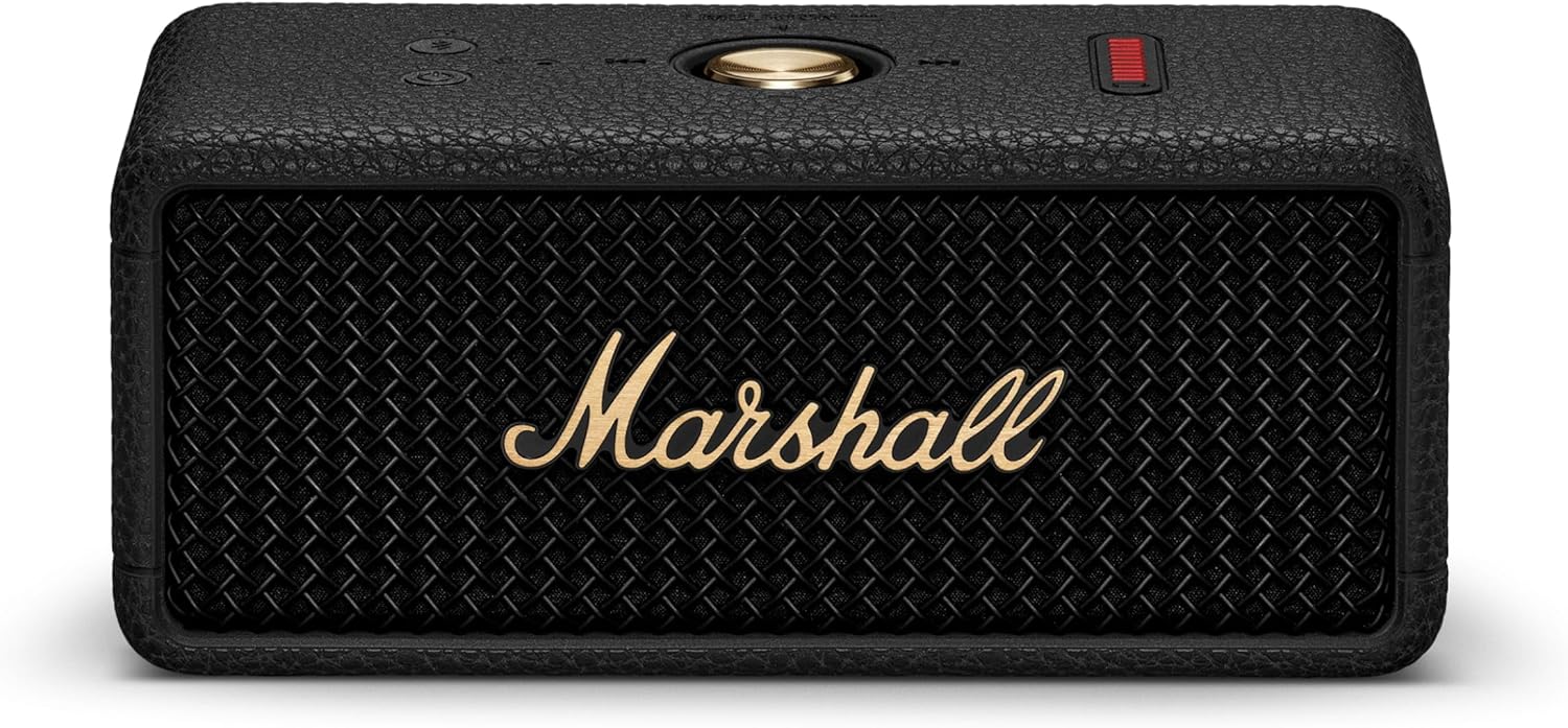 Přenosné bezdrátové Bluetooth reproduktory Marshall Emberton III, párovatelné, odolné proti prachu a vodě, IP67, 32+ hodin přehrávání, rychlé nabíjení - černé a mosazné